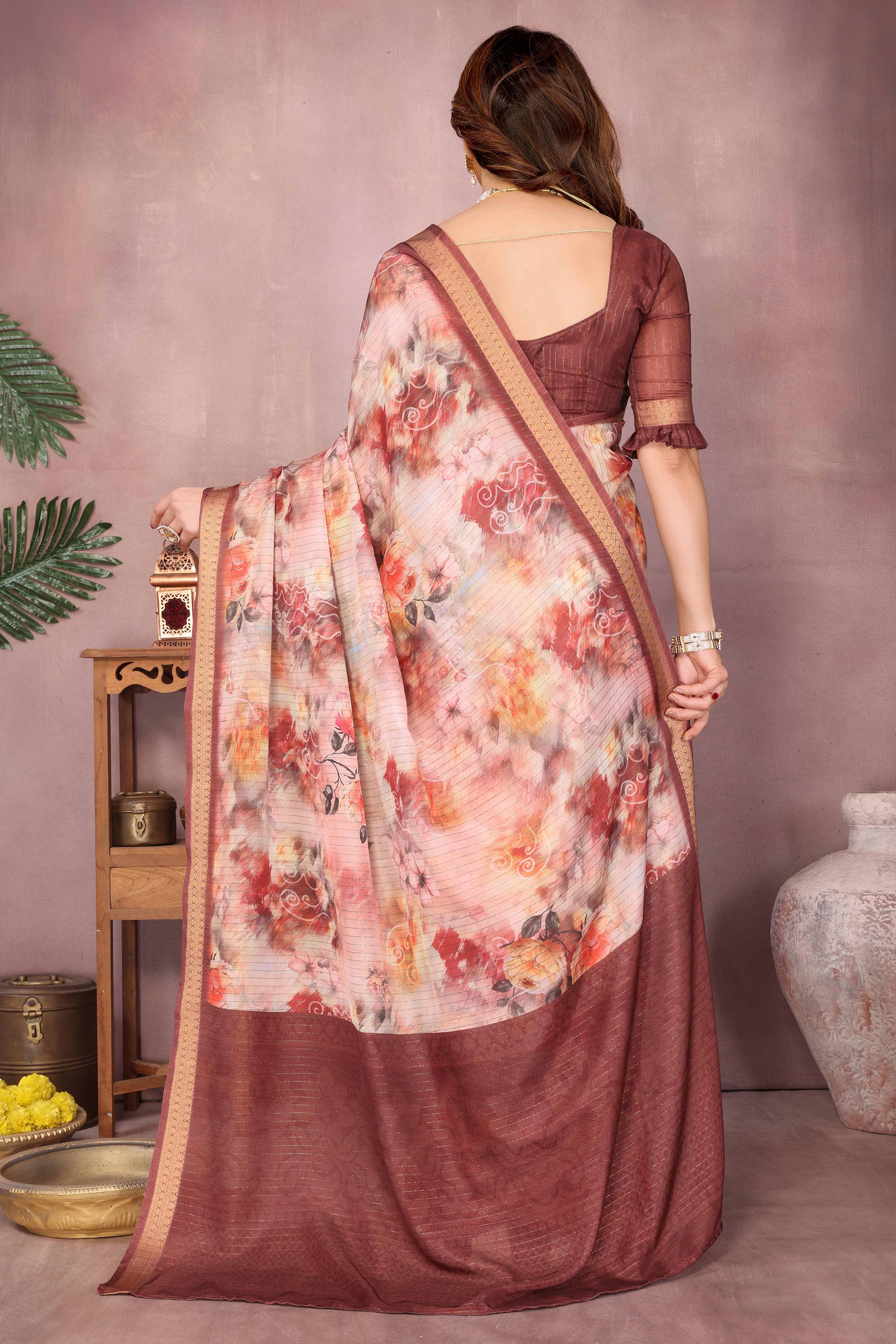 Peach Zari Woven Saree with Floral Motifs in Cotton Blend Fabric