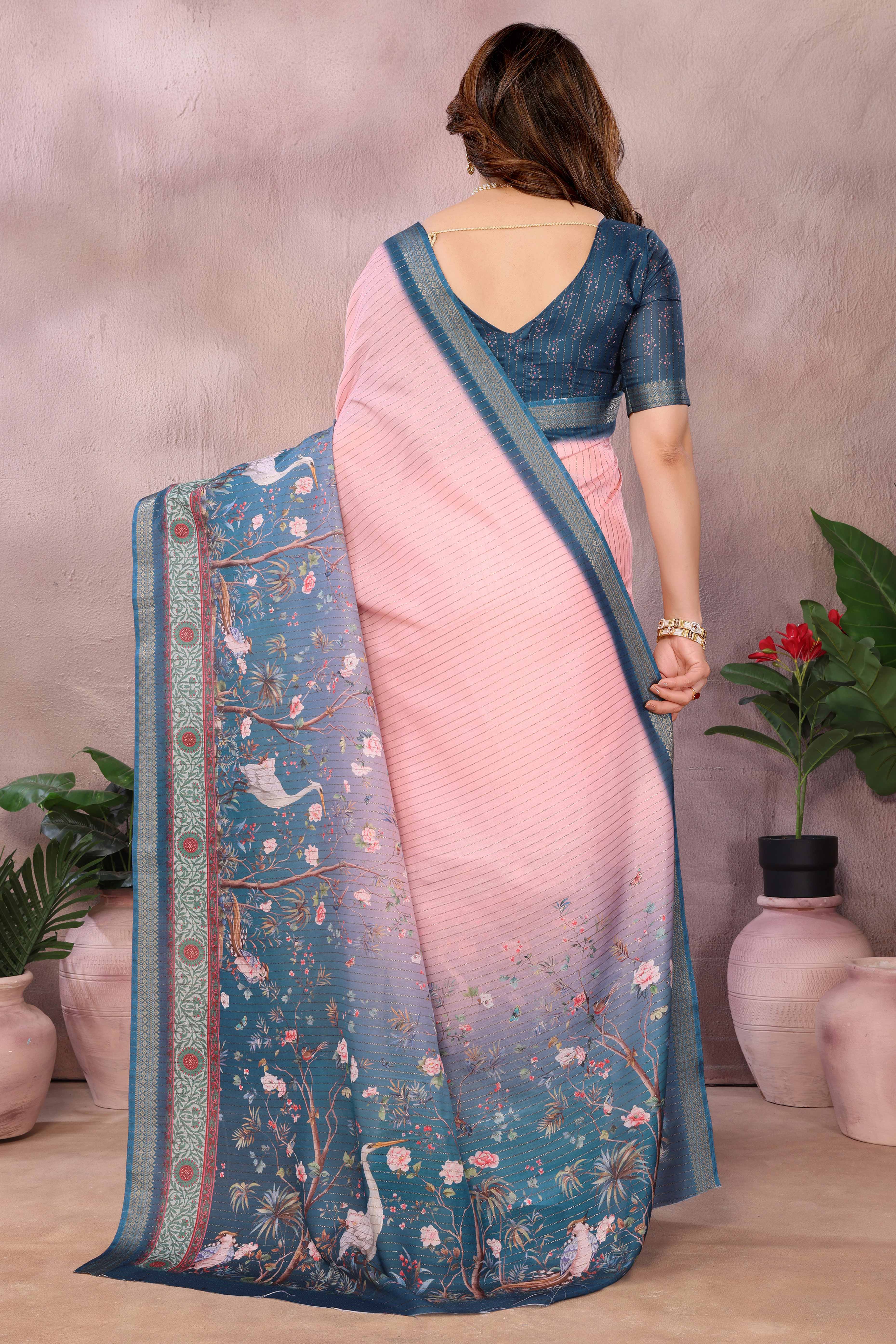 Pink Zari Woven Saree with Floral Motifs in Cotton Blend Fabric