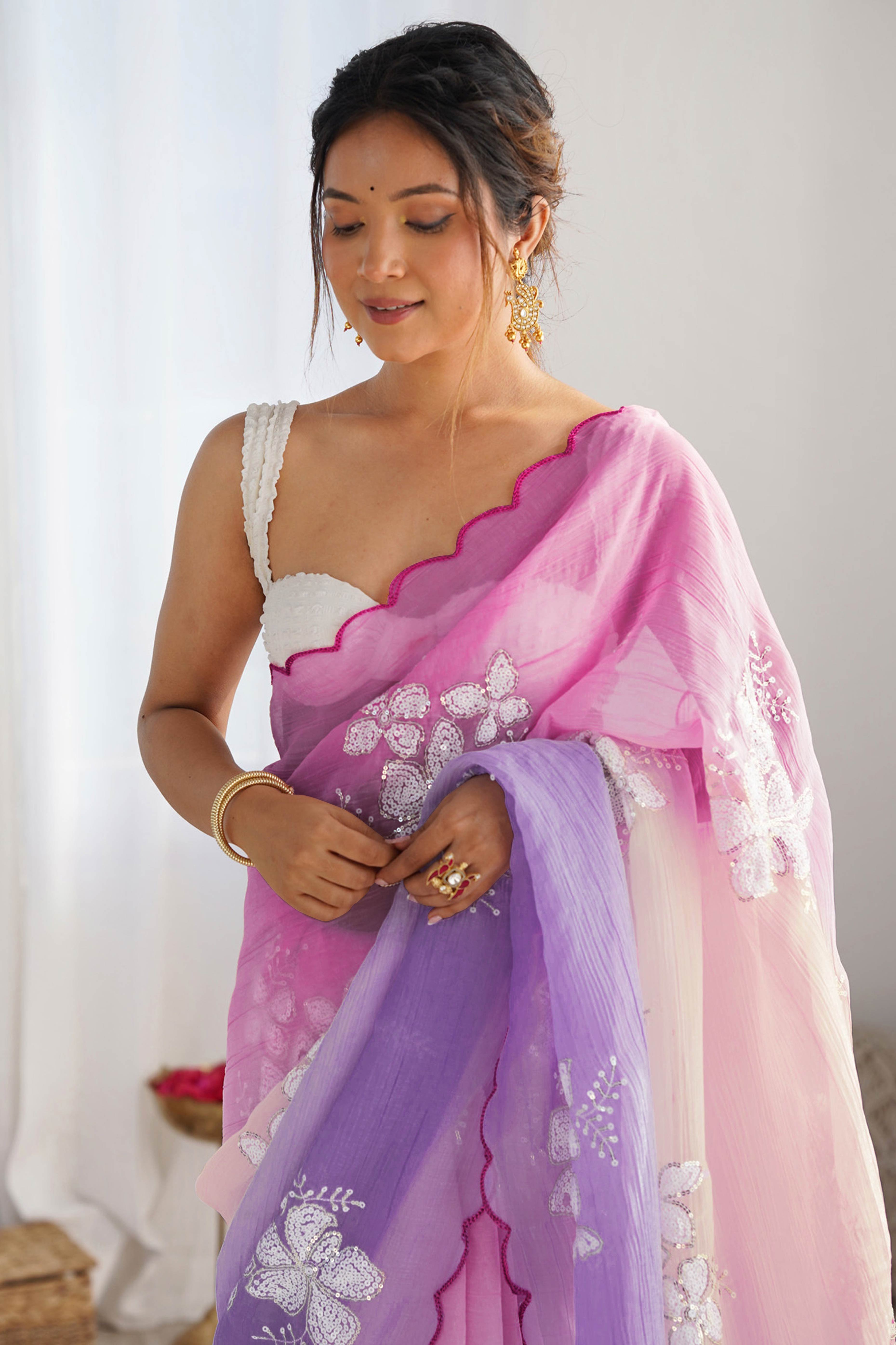 Pink & Lavender Ombre Silk Blend Saree Accentuated With Floral Sequins Embroidery