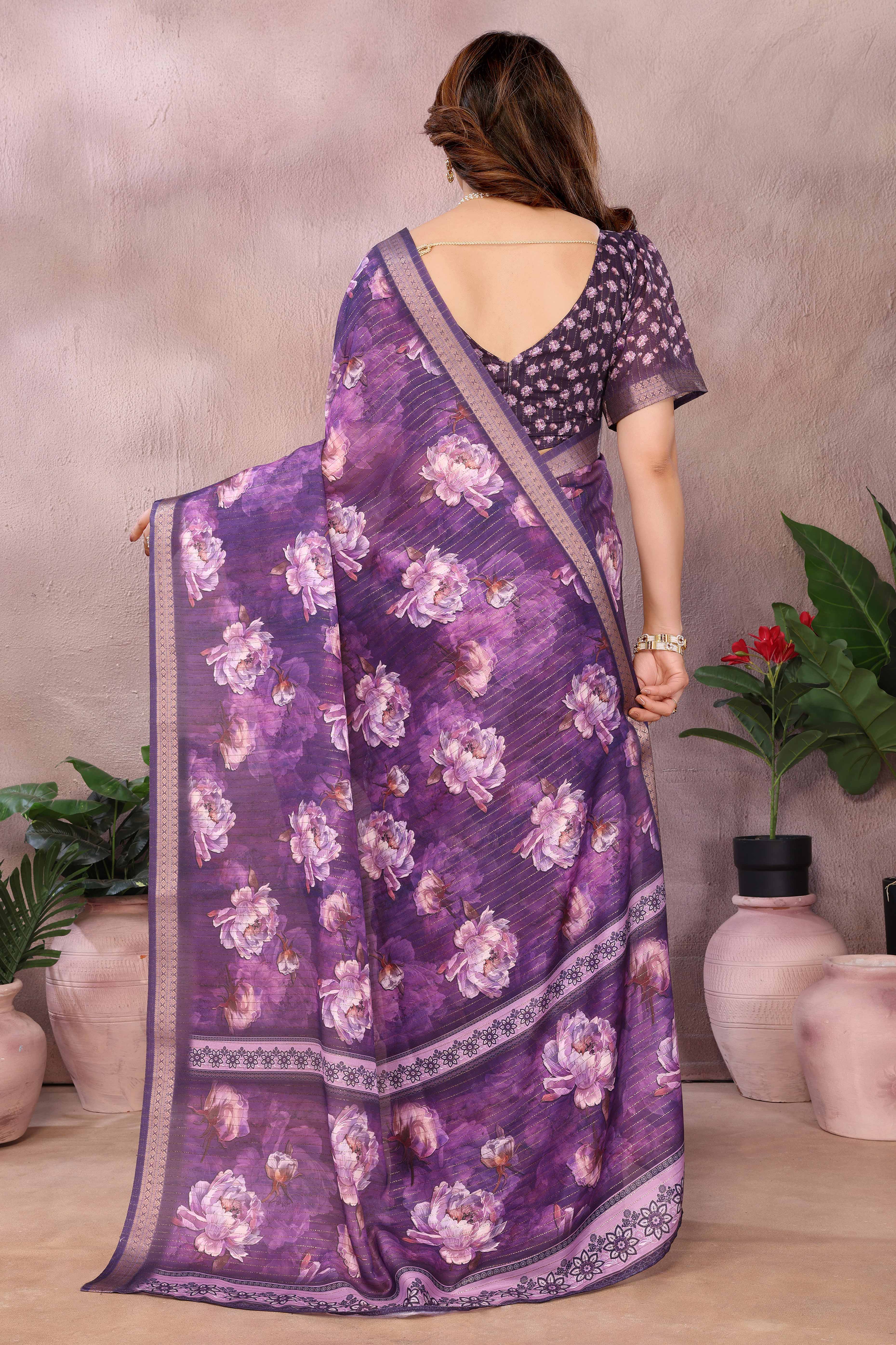 Purple Zari Woven Saree with Floral Motifs in Cotton Blend Fabric