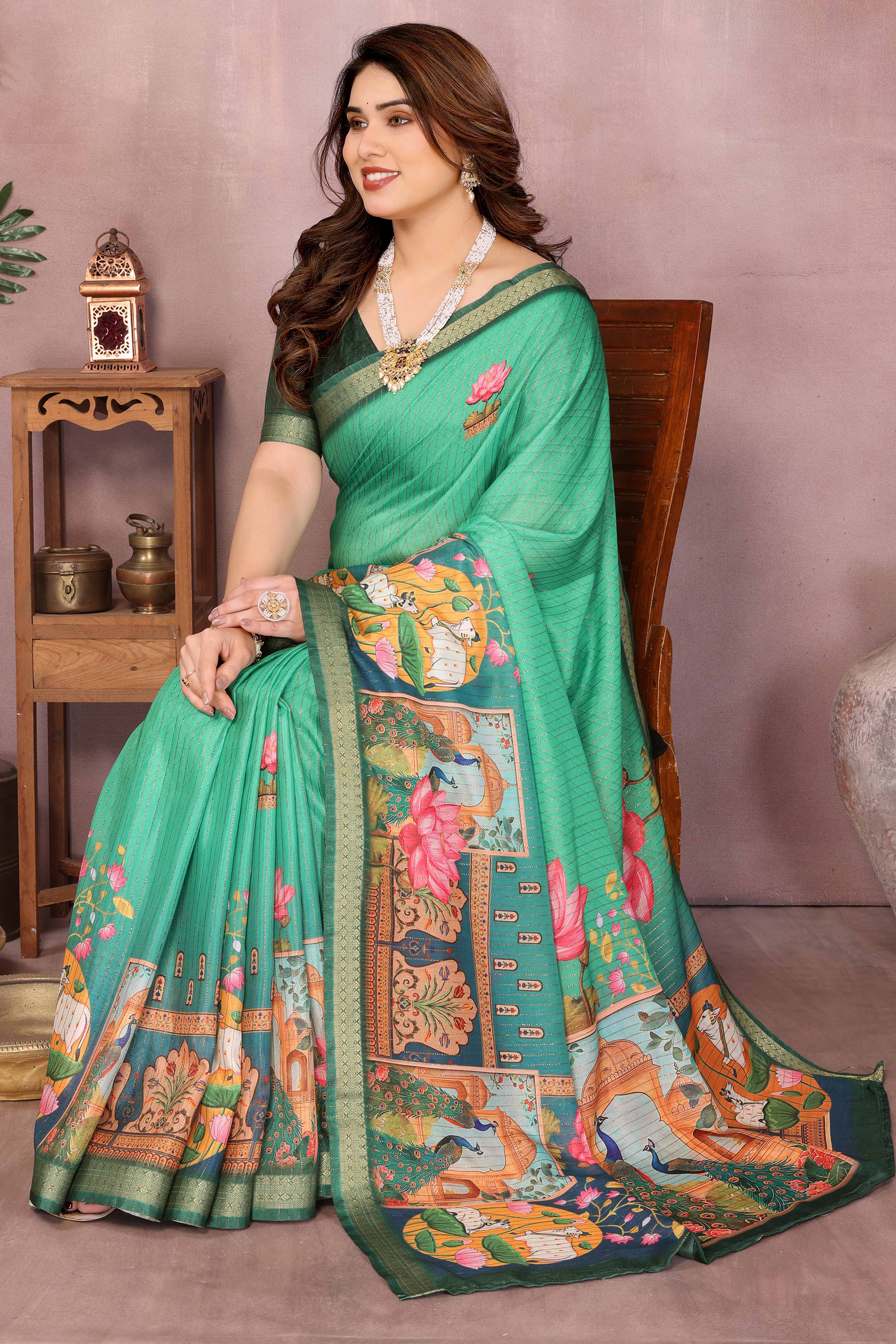 Rama Green Zari Woven Saree with Floral Motifs in Cotton Blend Fabric
