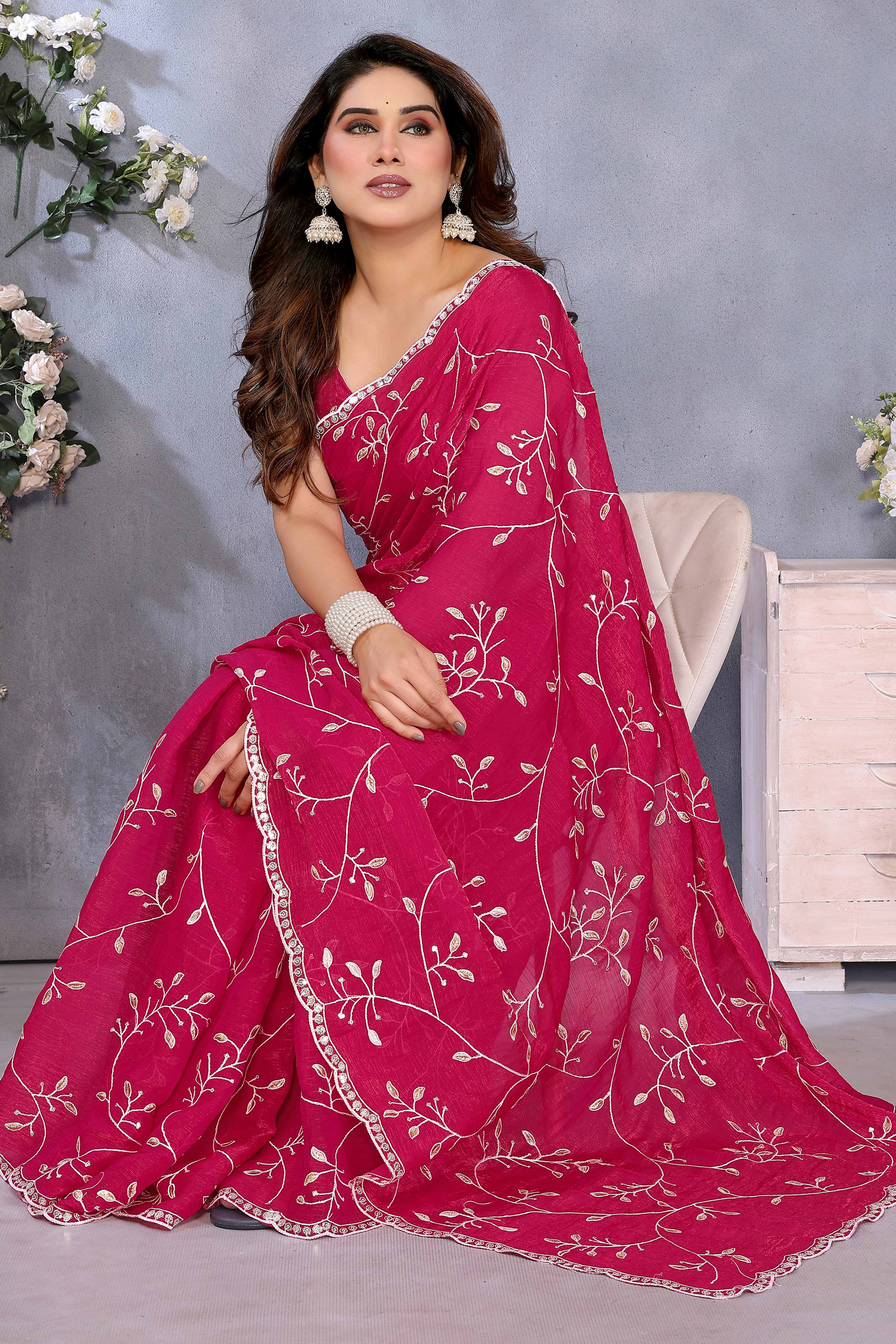 Pink Jimmy Choo Chiffon Saree Adorned with Delicate Floral Sequins Embroidery