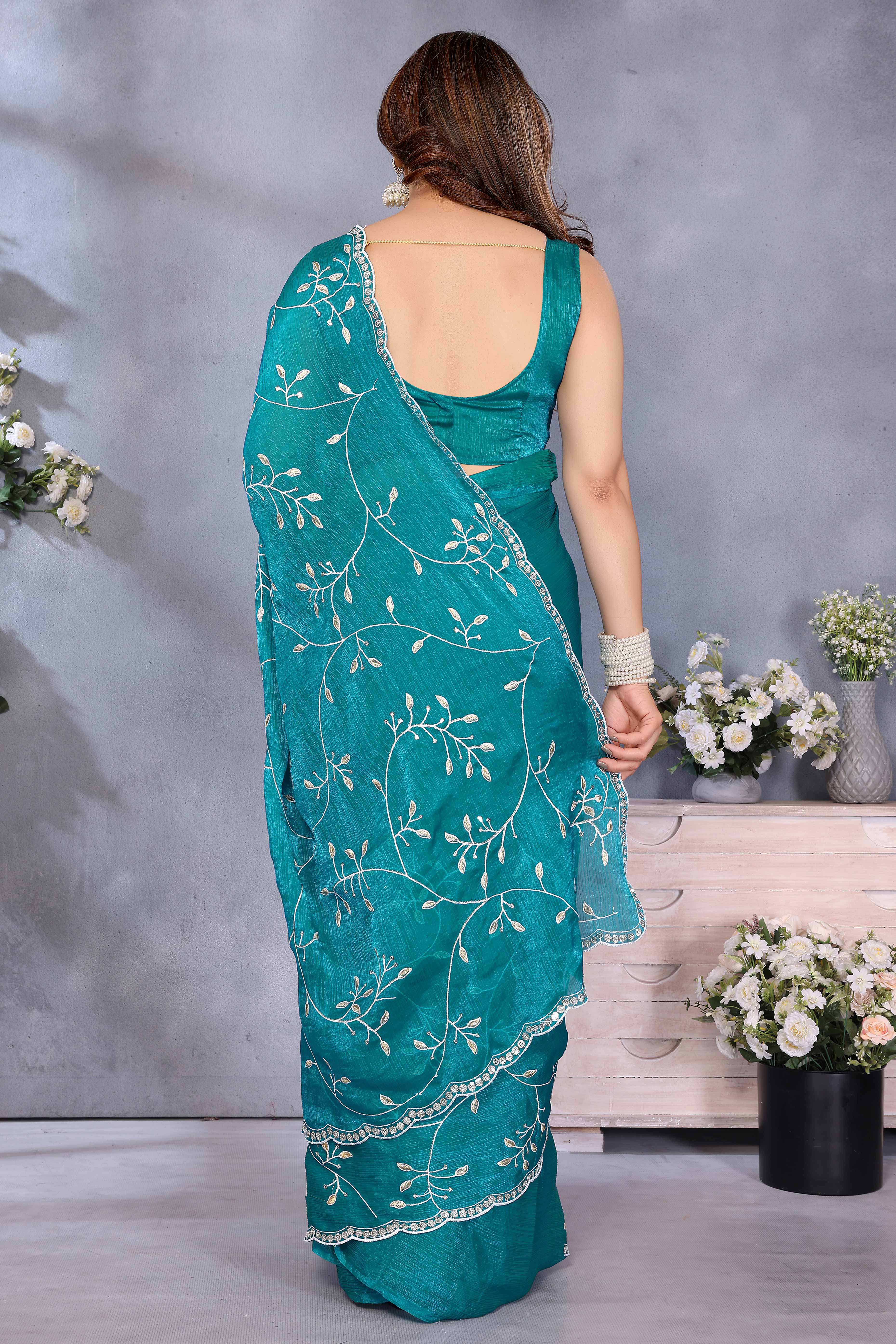 Teal Jimmy Choo Chiffon Saree Adorned with Delicate Floral Sequins Embroidery