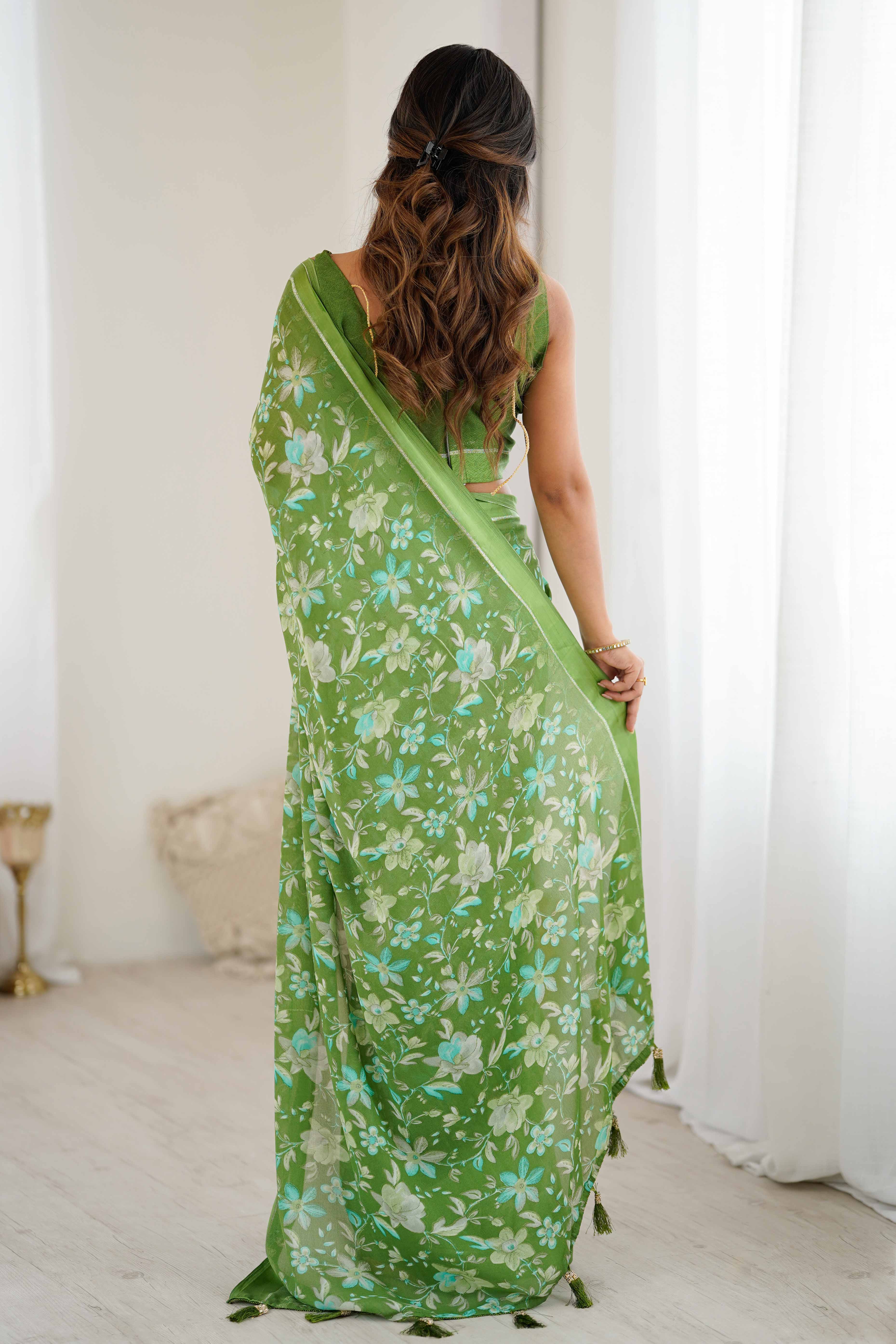 Green Moss Silk Blend Saree With Artistic Floral Digital Print & Stylish Tassel Pallu