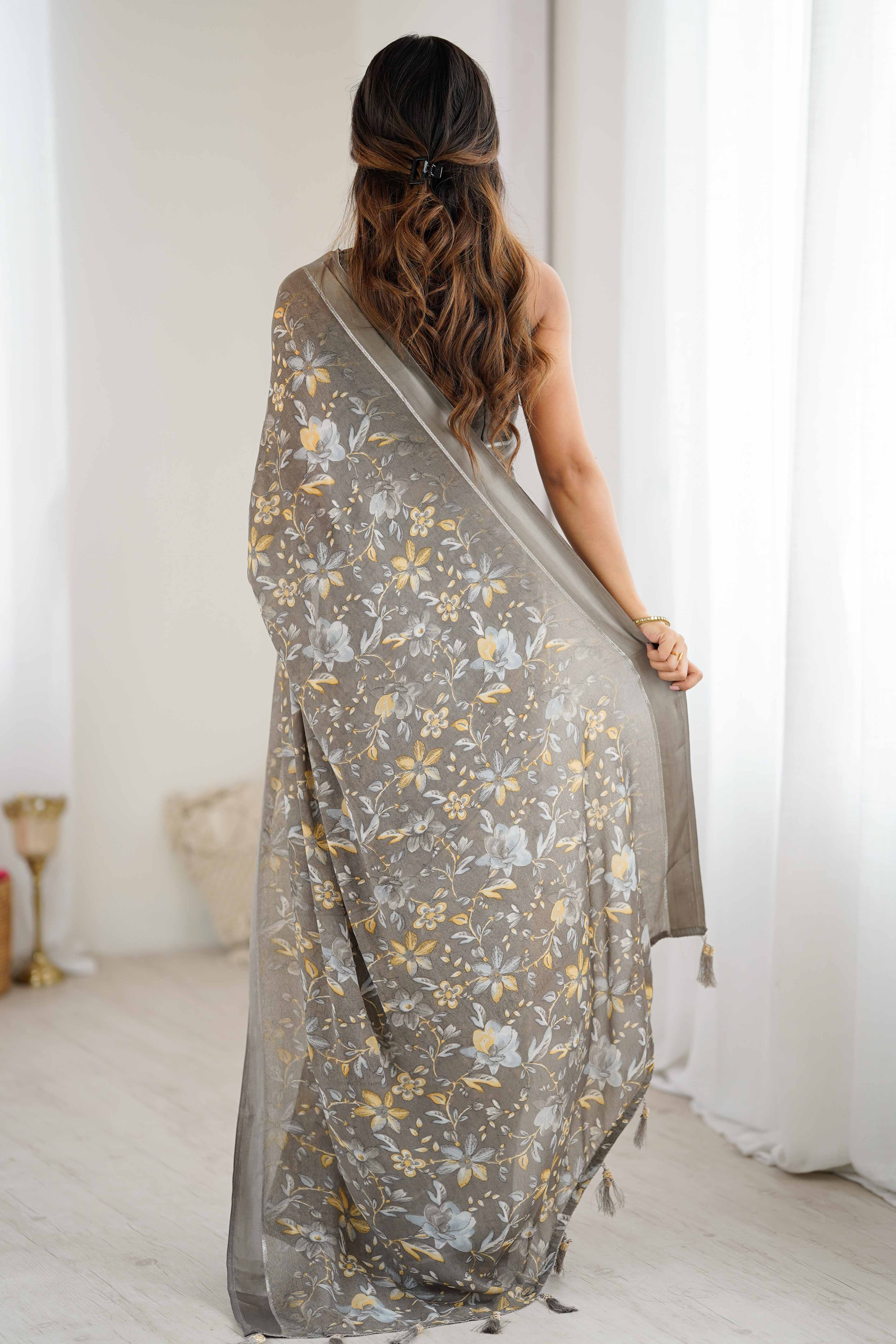Grey Moss Silk Blend Saree With Artistic Floral Digital Print & Stylish Tassel Pallu