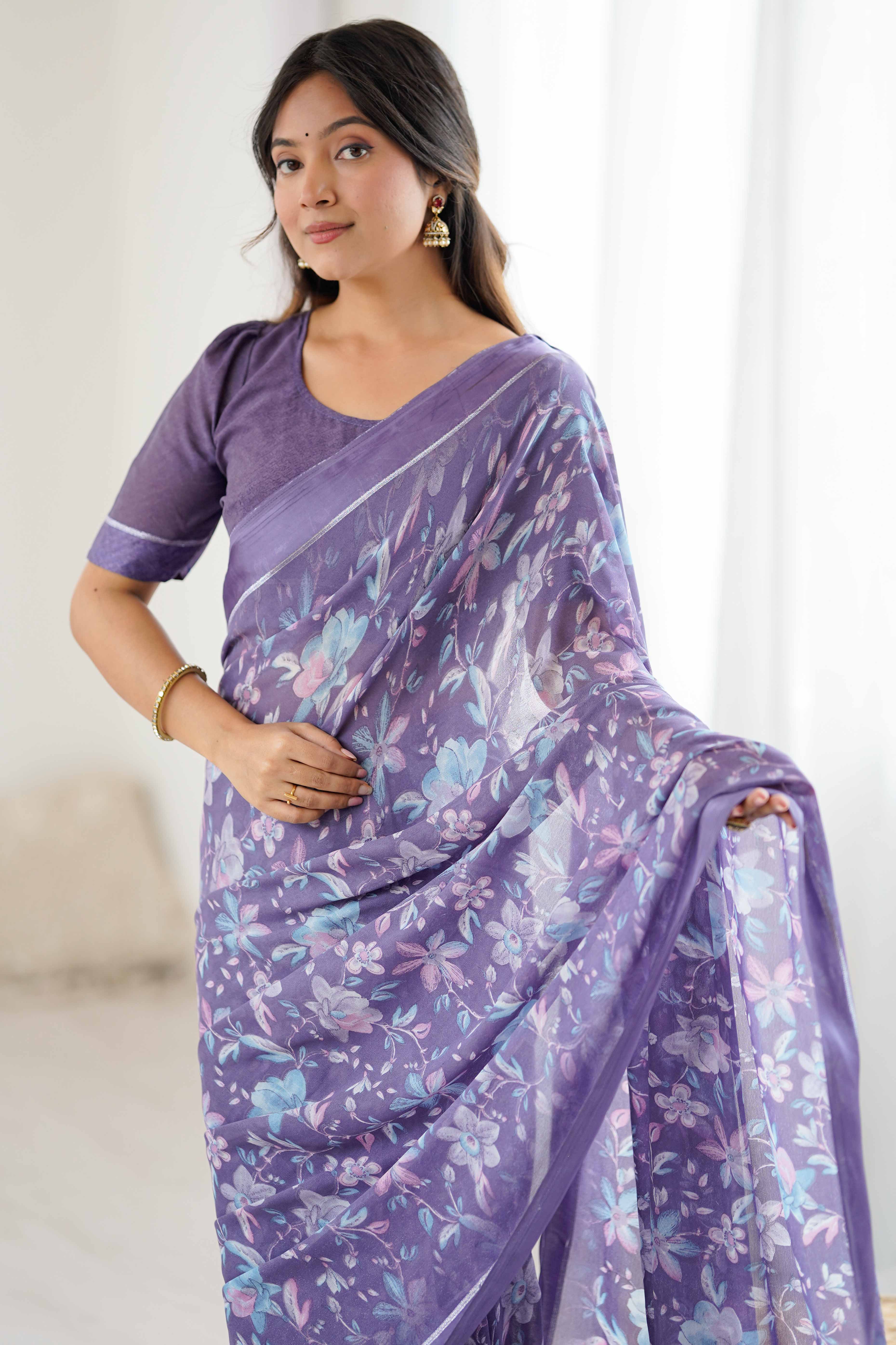 Lavender Moss Silk Blend Saree With Artistic Floral Digital Print & Stylish Tassel Pallu