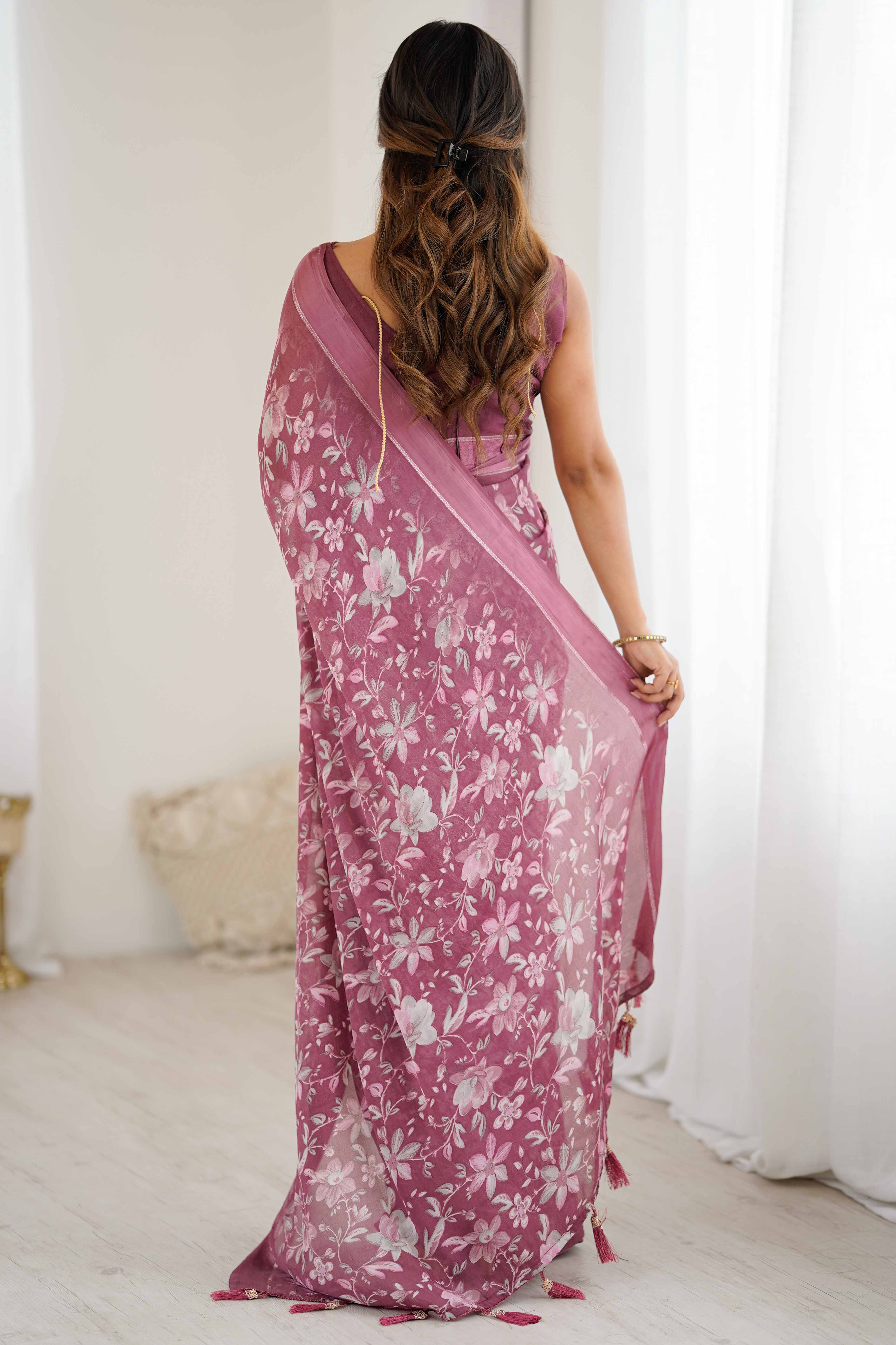 Mauve Moss Silk Blend Saree With Artistic Floral Digital Print & Stylish Tassel Pallu