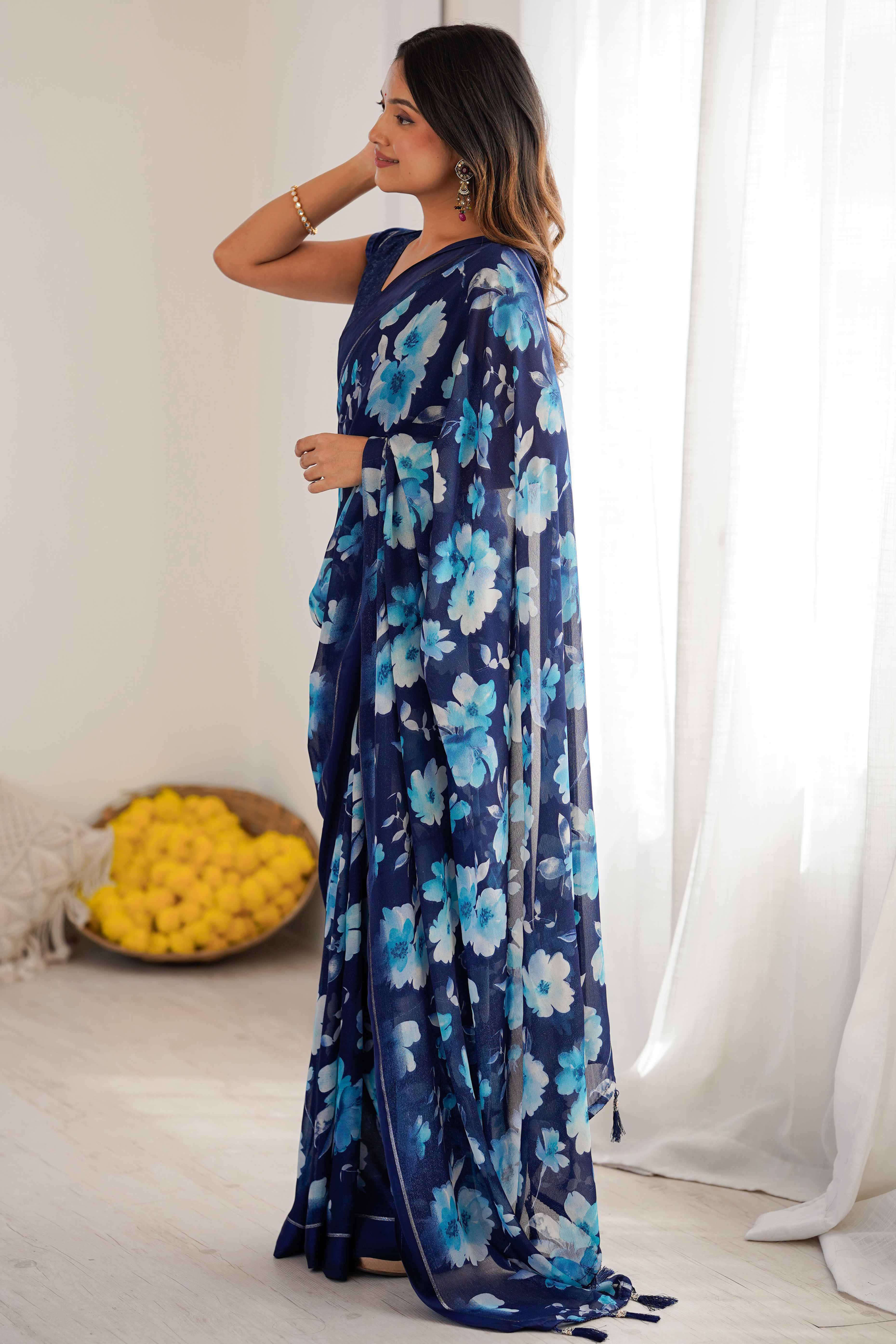 Dark Blue Floral Printed Moss Silk Blend Saree Adorned With Playful Tassel Pallu