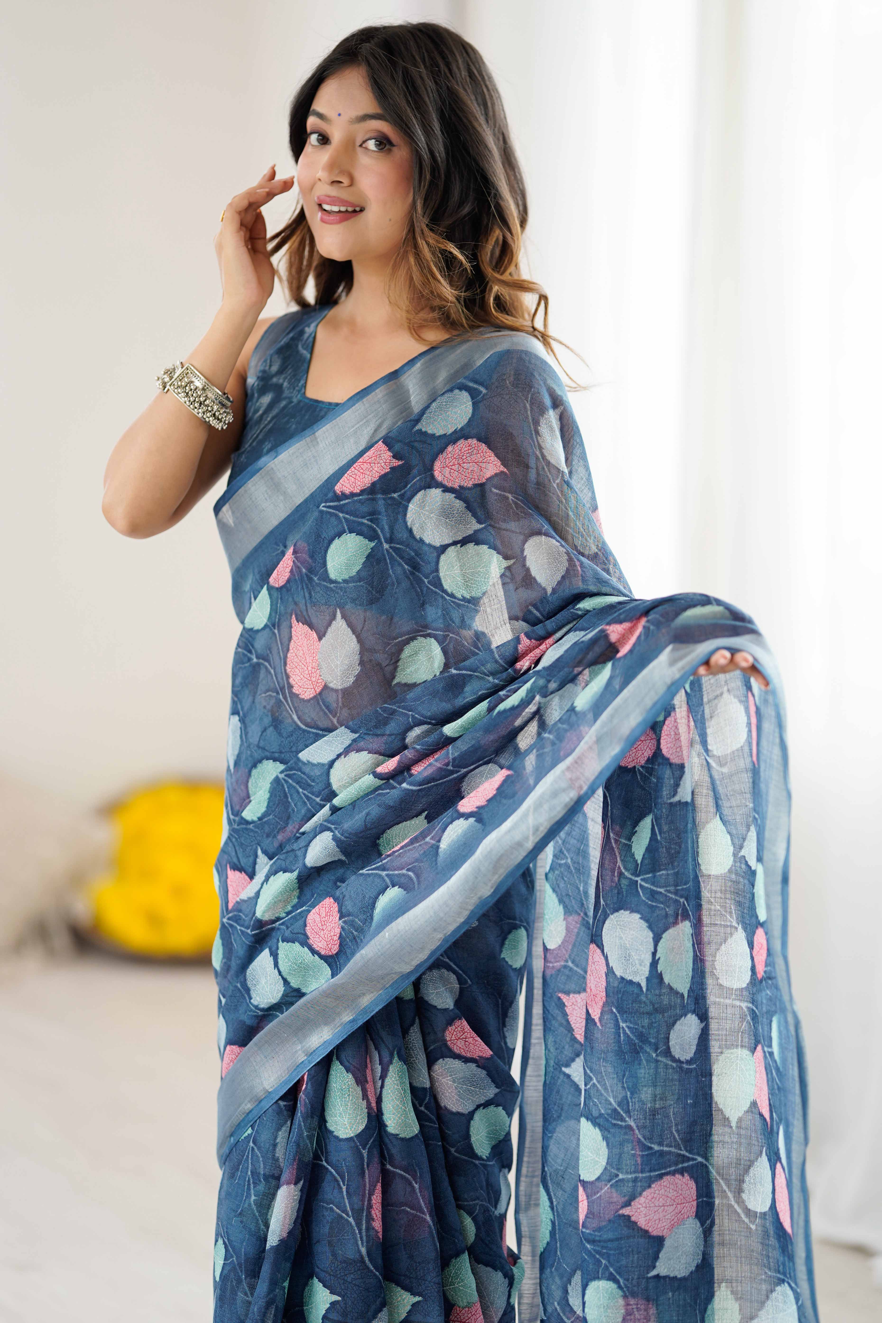 Dark Blue Linen Saree With Graceful All Over Leaf Pattern