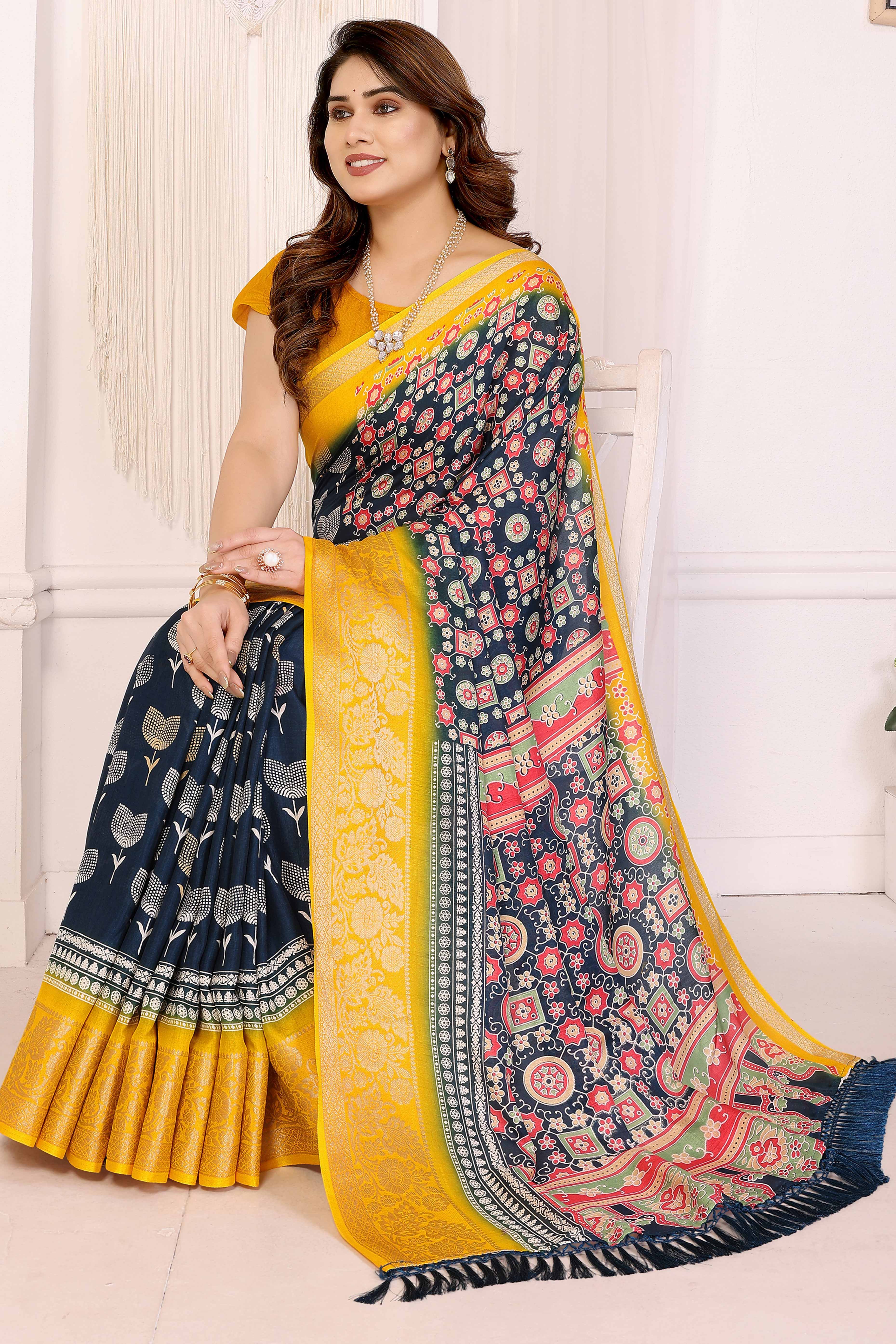 Blue Moss Crepe Saree with Floral Prints and Jacquard Edging