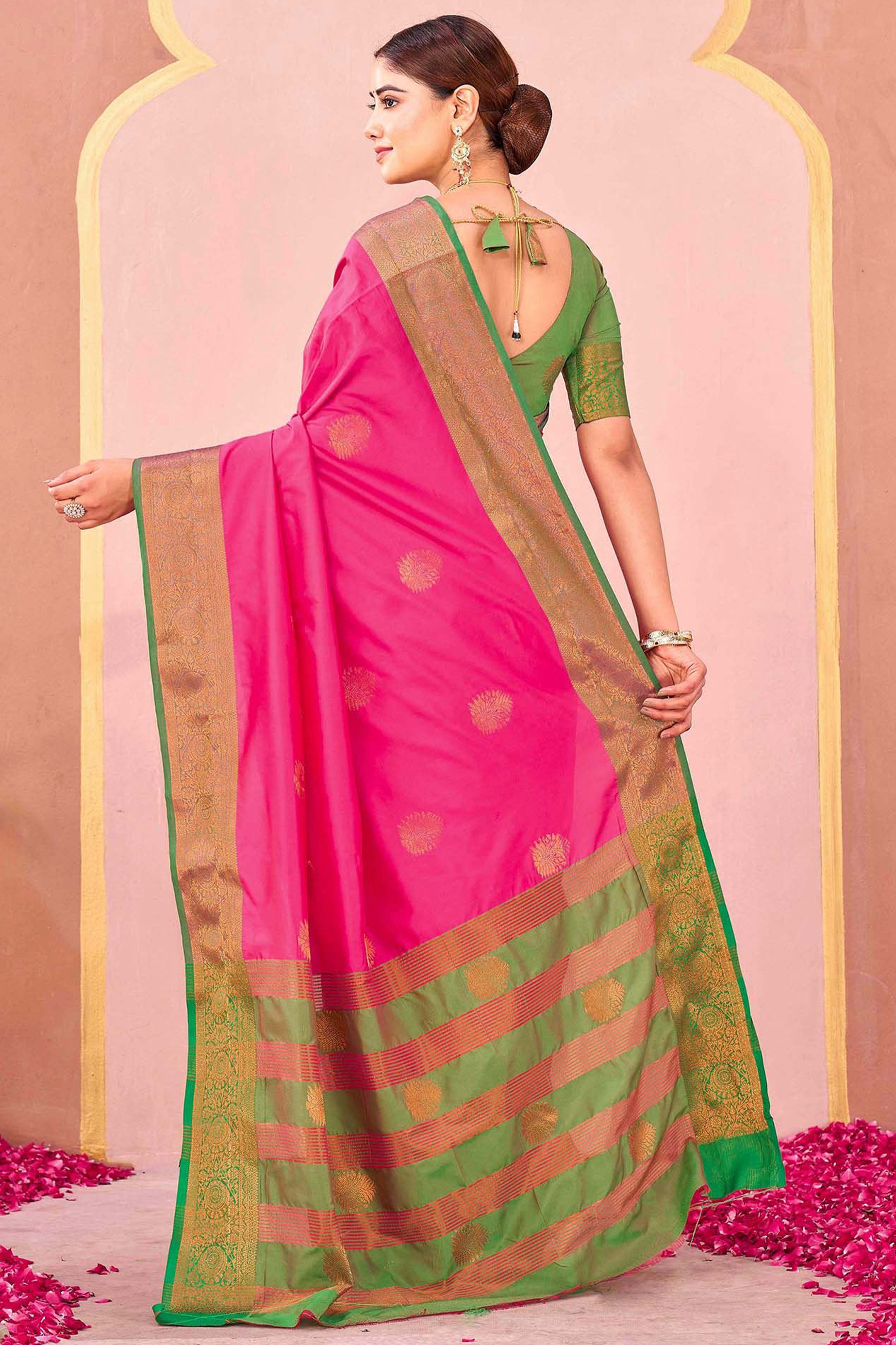 Rani Pink Silk Blend Saree Adorned With Zari Woven Floral & Paisley Design