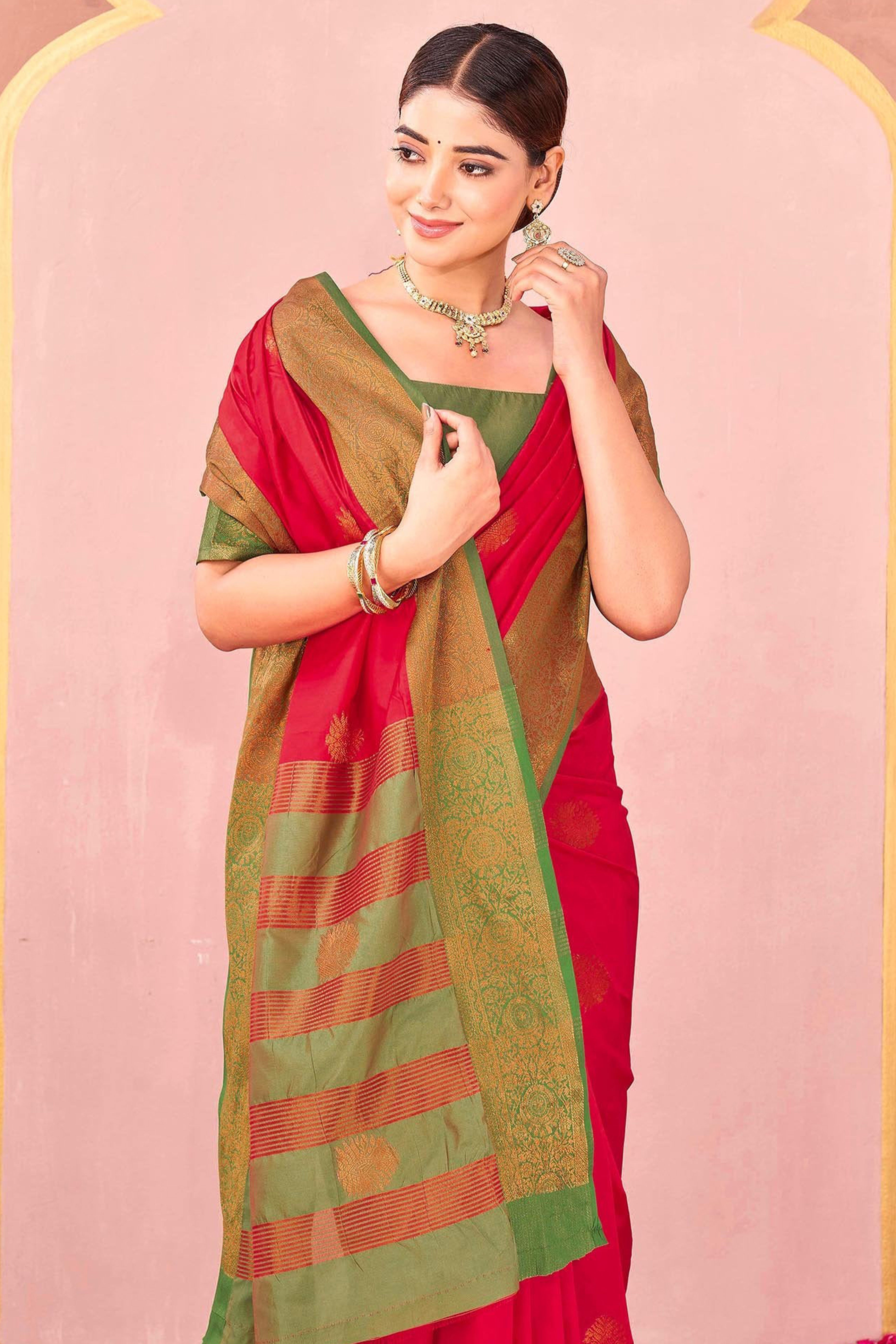 Red Silk Blend Saree Adorned With Zari Woven Floral & Paisley Design