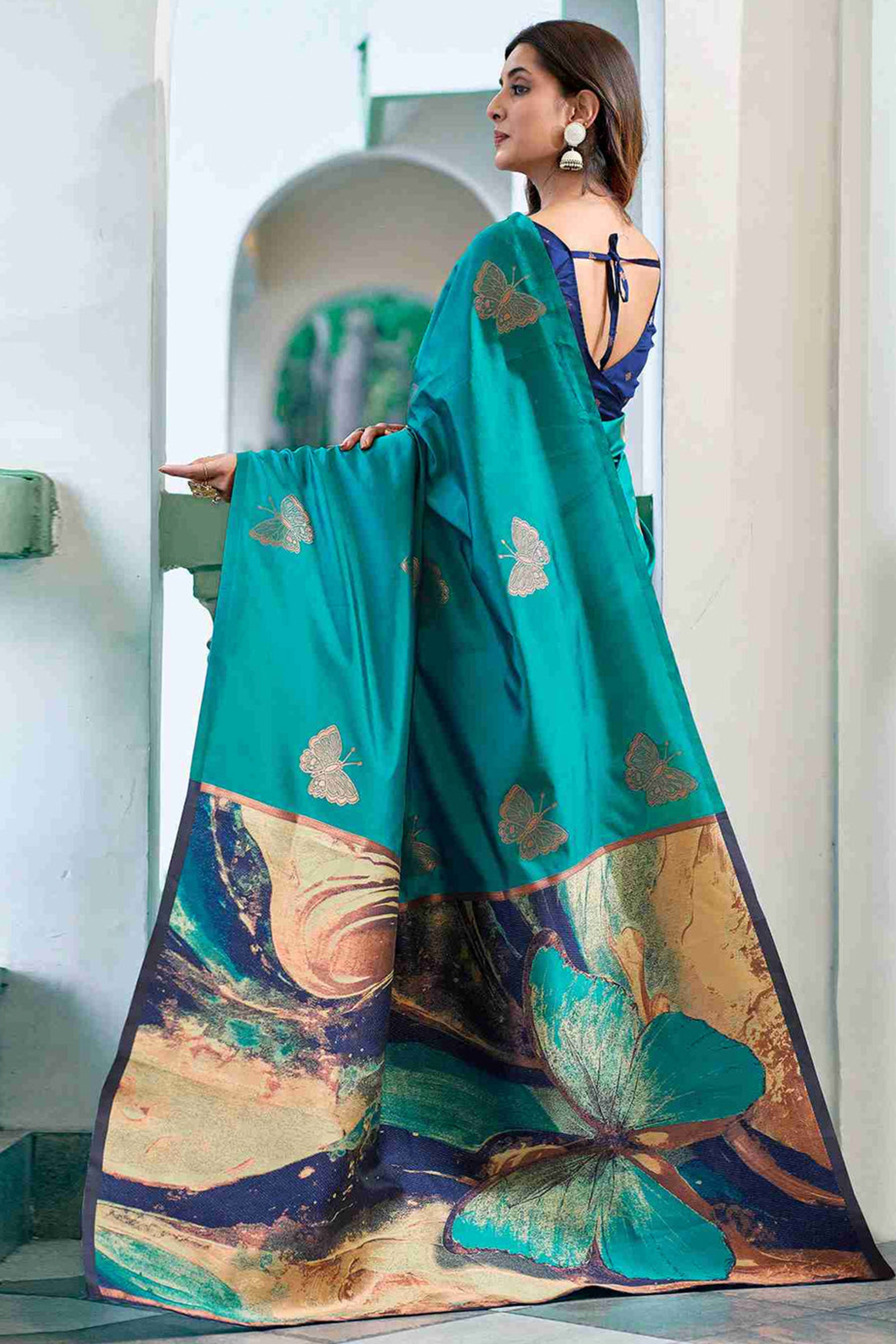 Charming Teal Banarasi Silk Saree Highlighted With Butterfly Motif Zari Work