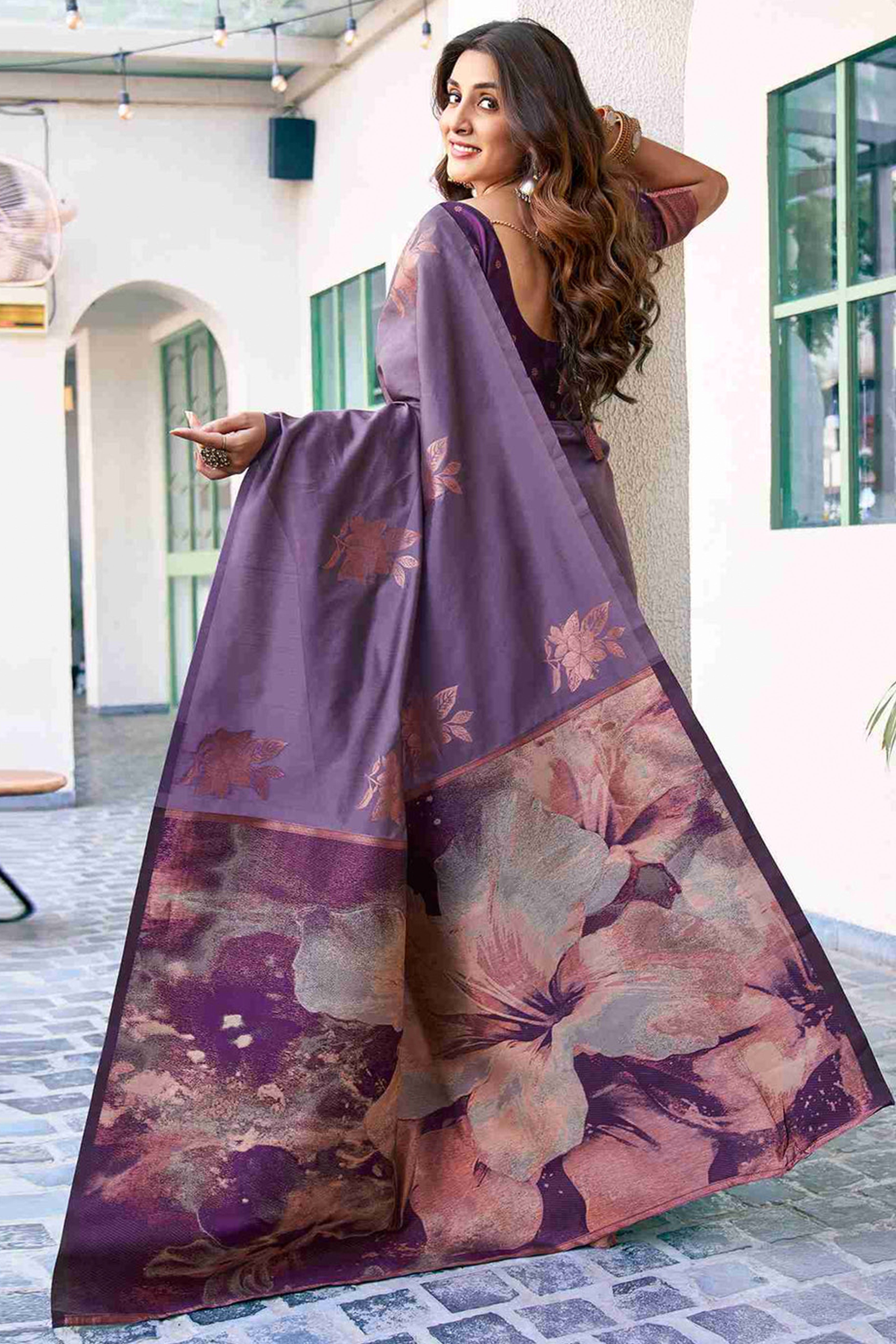 Charming Purple Banarasi Silk Saree Highlighted With Floral Motif Zari Work