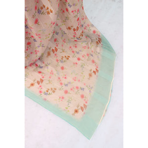 Beige Bloom Floral Digital Printed Georgette Saree Accentuated With Graceful Zari Stripes