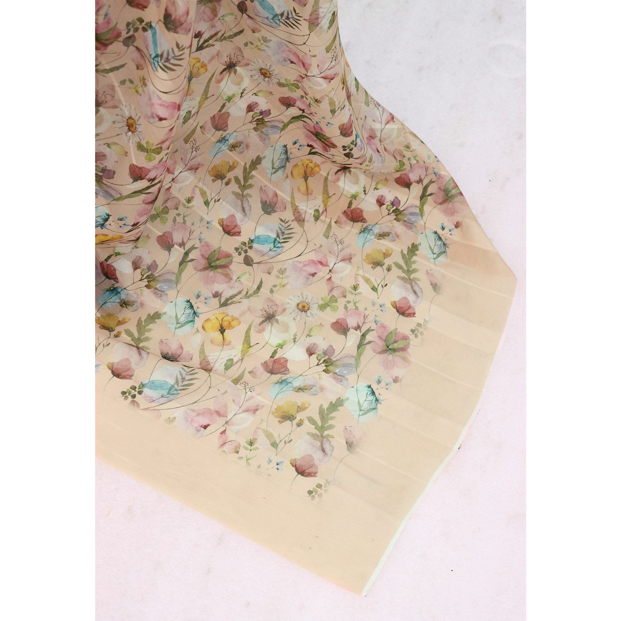 Peach Bloom Floral Digital Printed Georgette Saree Accentuated With Graceful Zari Stripes