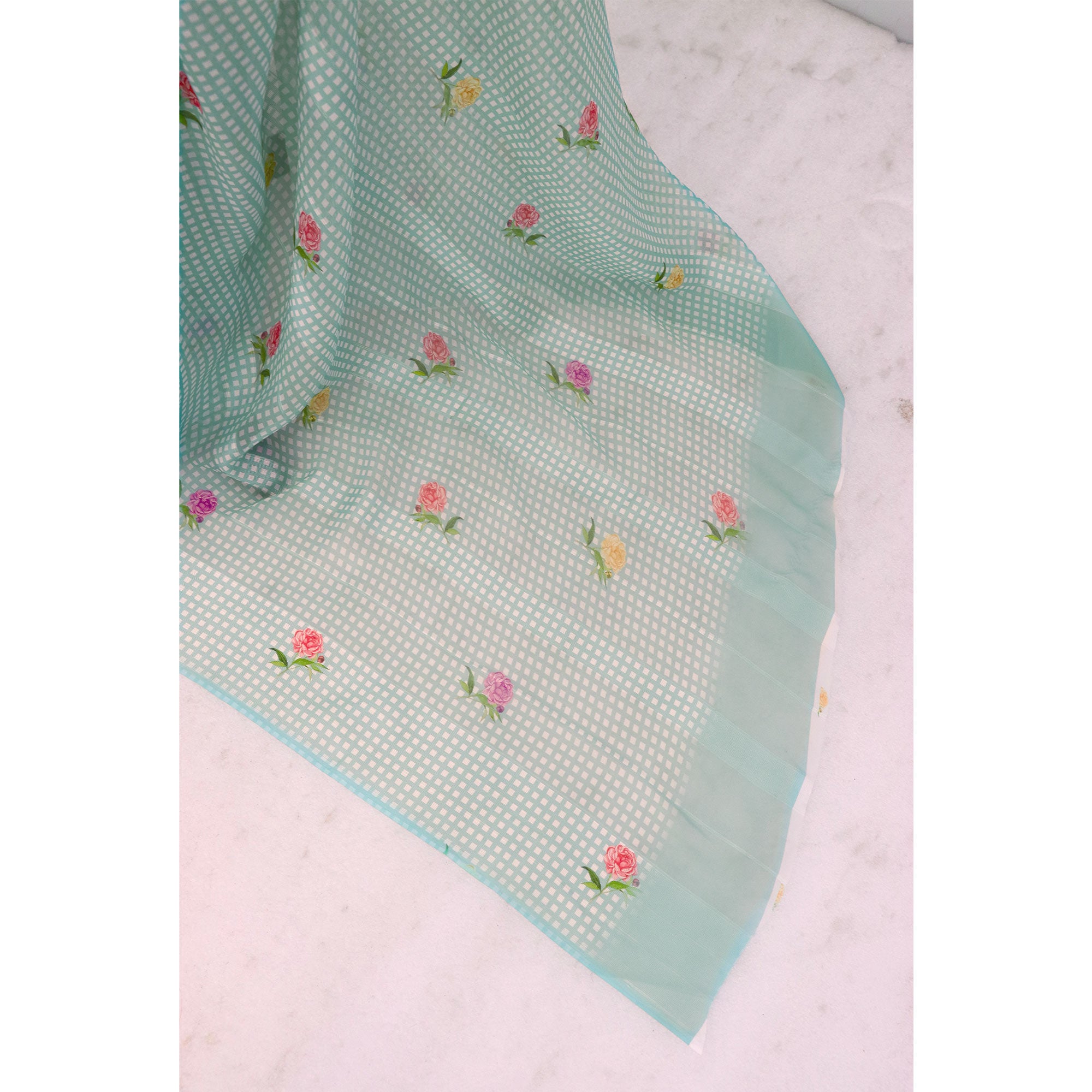 Elegant Sky Blue Floral Digital Printed Georgette Saree With Subtle Detailing