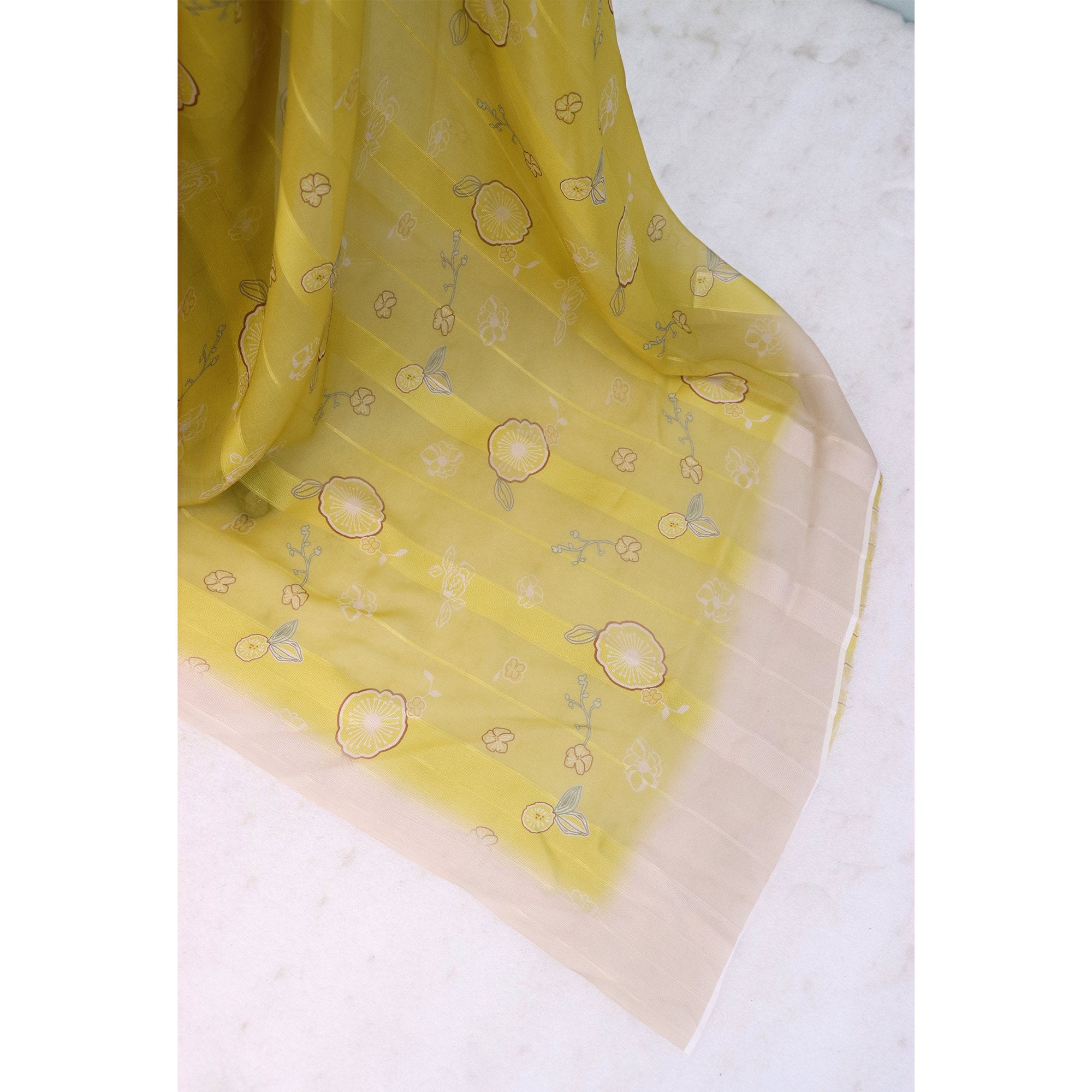 Dark Mustard Bloom Floral Digital Printed Georgette Saree Accentuated With Graceful Zari Stripes
