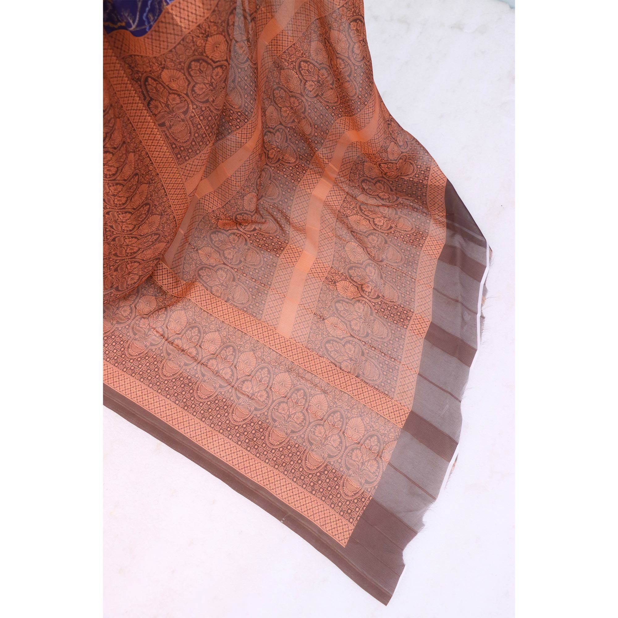 Elegant Navy Blue & Brown Floral Digital Printed Georgette Saree Adorned With Subtle Zari Stripes