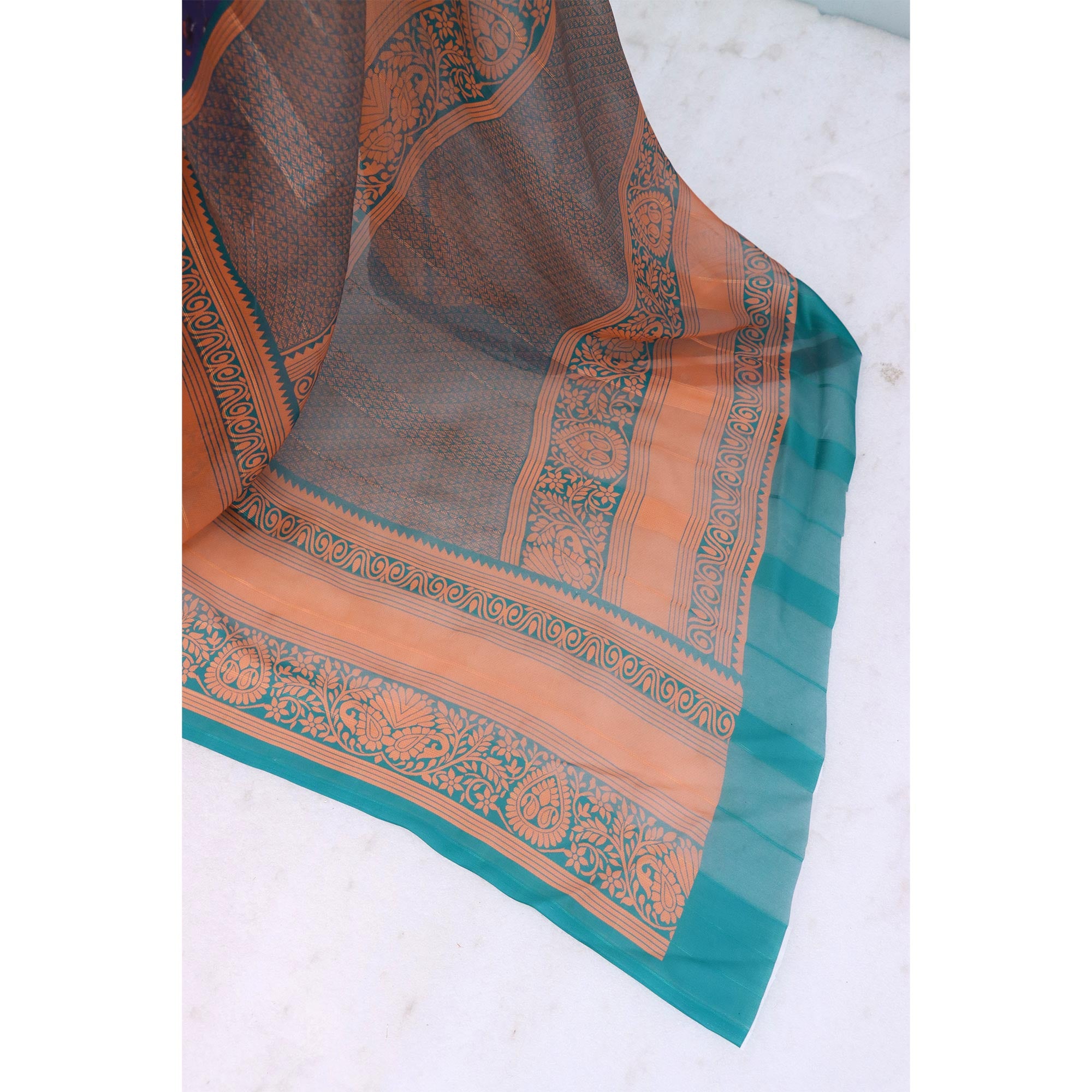 Elegant Purple & Rama Floral Digital Printed Georgette Saree Adorned With Subtle Zari Stripes