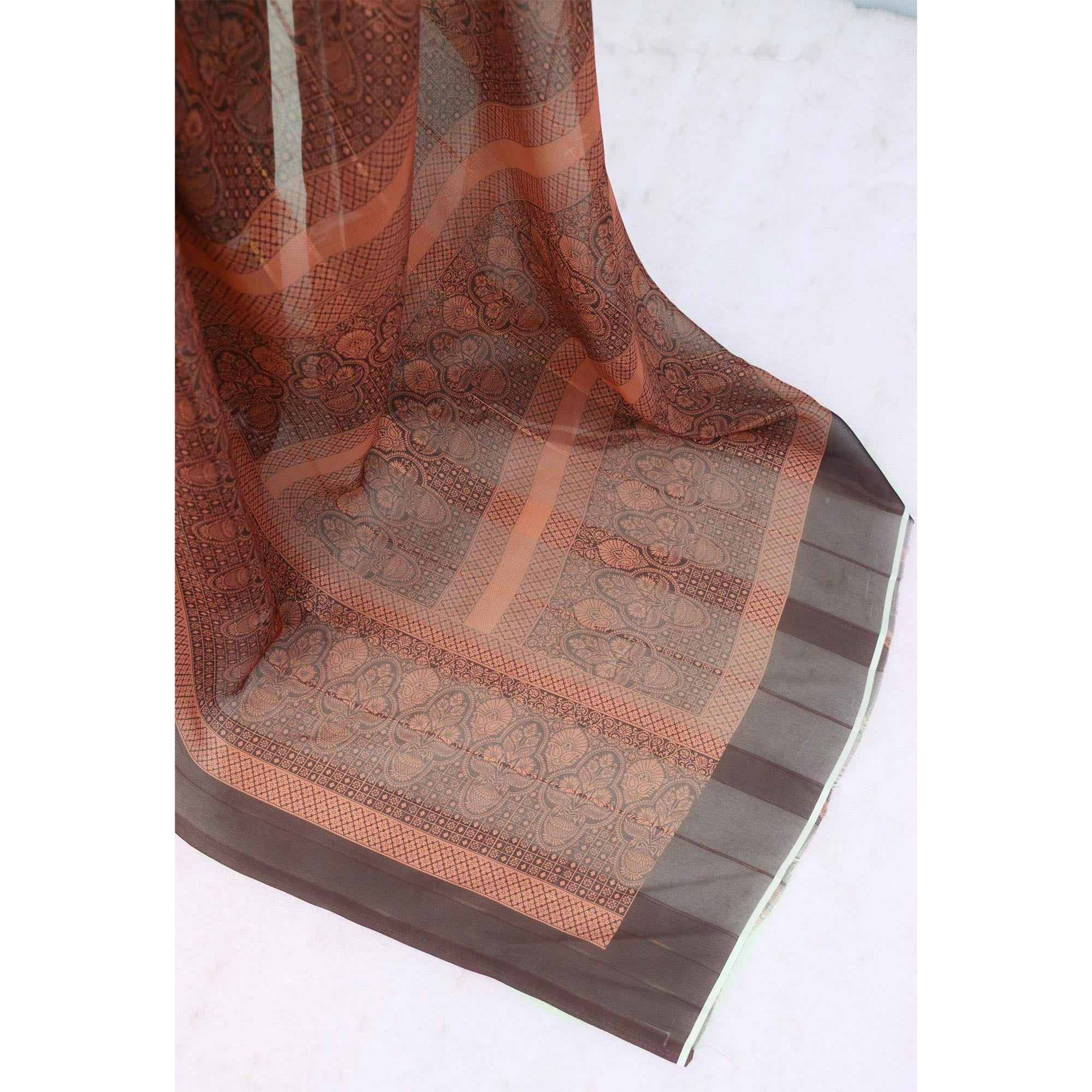 Elegant Green & Brown Floral Digital Printed Georgette Saree Adorned With Subtle Zari Stripes