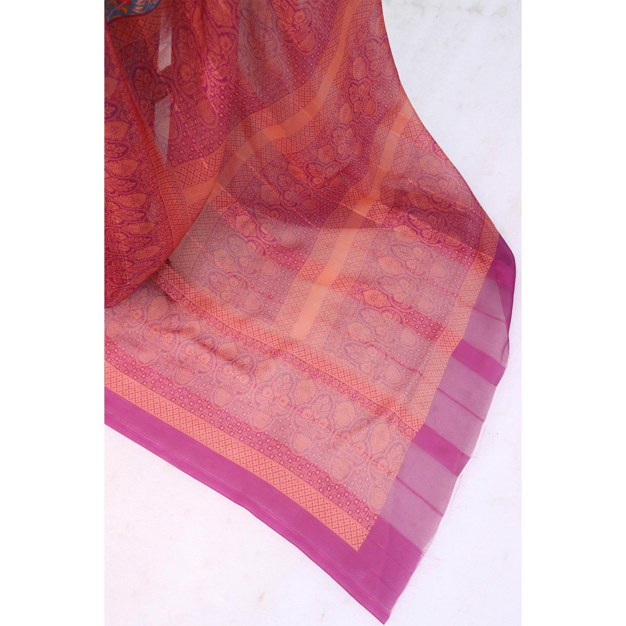 Elegant Rama Blue & Magenta Floral Digital Printed Georgette Saree Adorned With Subtle Zari Stripes