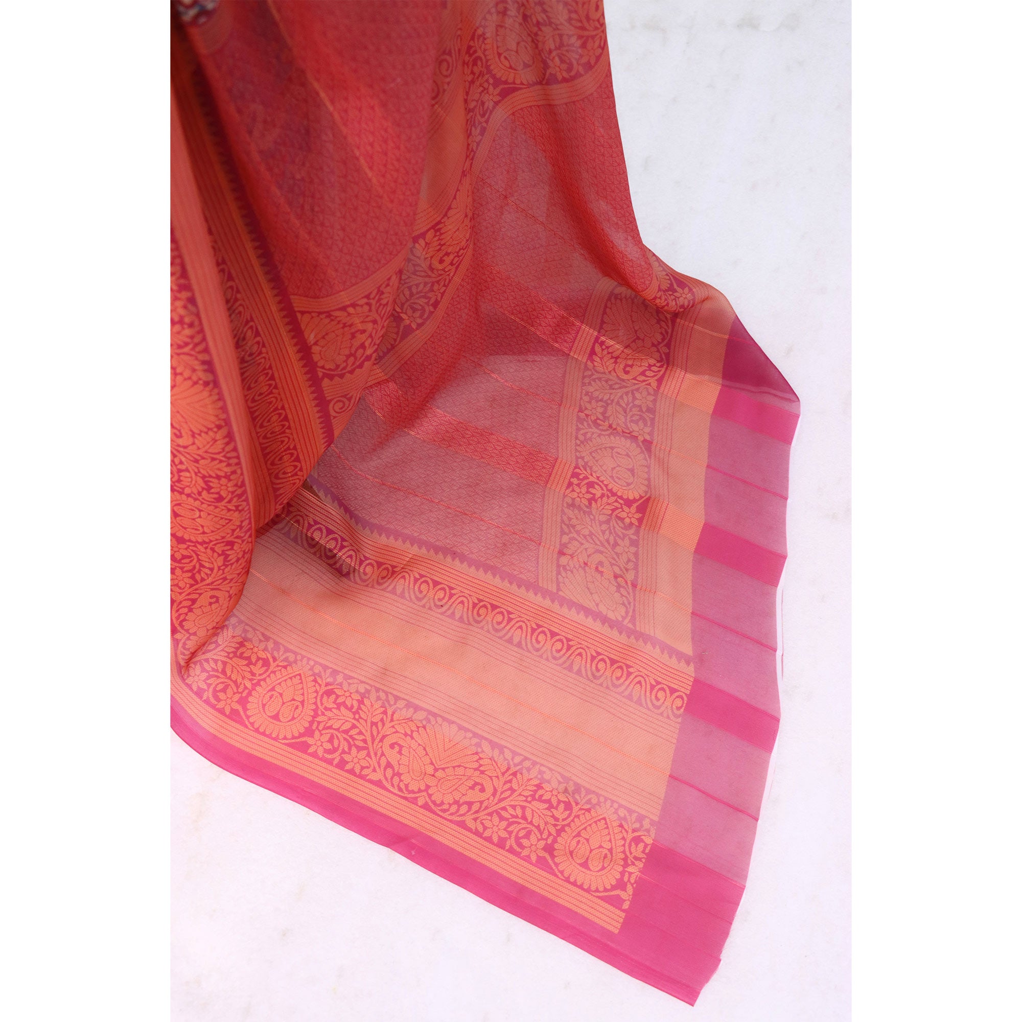 Elegant Grey & Pink Floral Digital Printed Georgette Saree Adorned With Subtle Zari Stripes