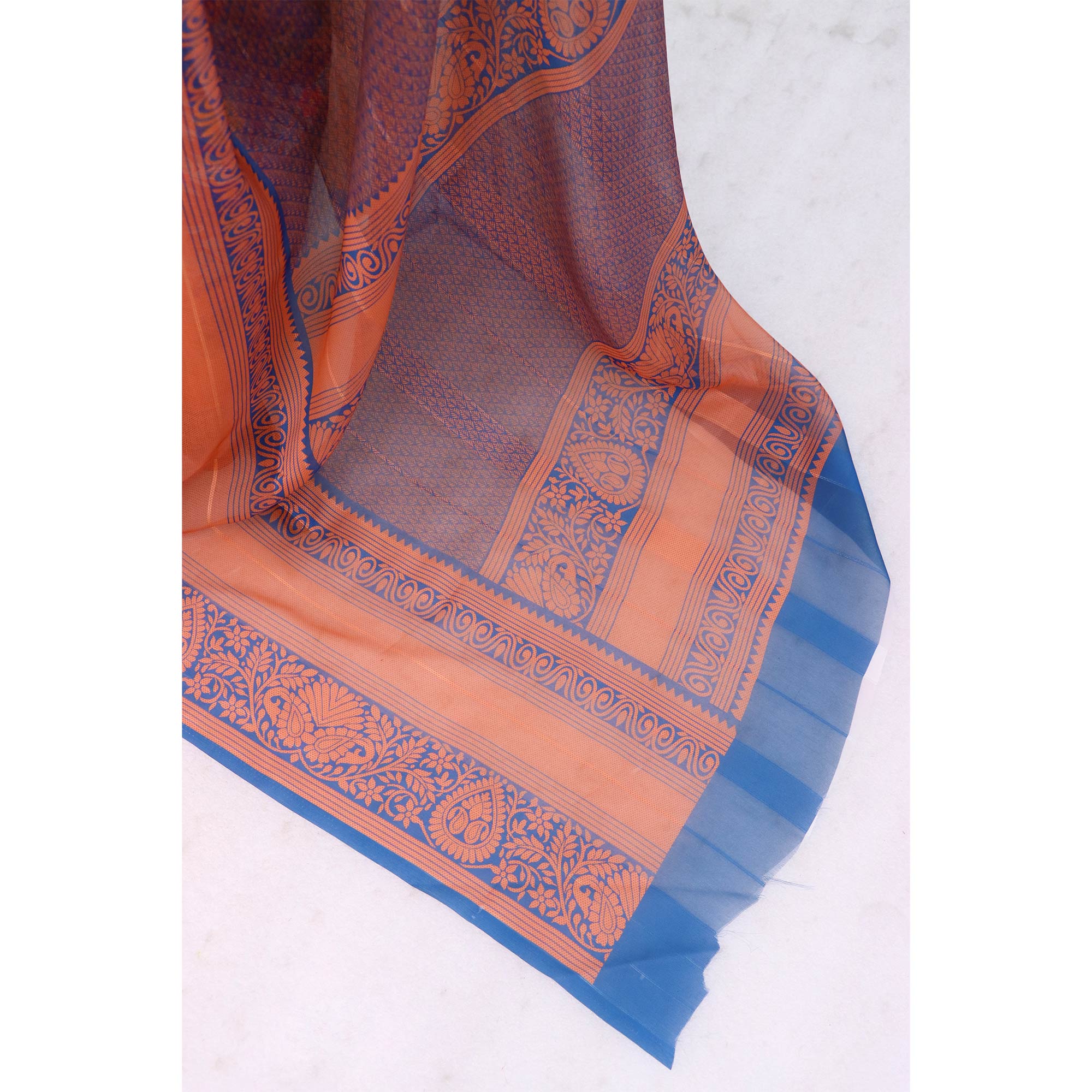 Elegant Wine & Blue Floral Digital Printed Georgette Saree Adorned With Subtle Zari Stripes