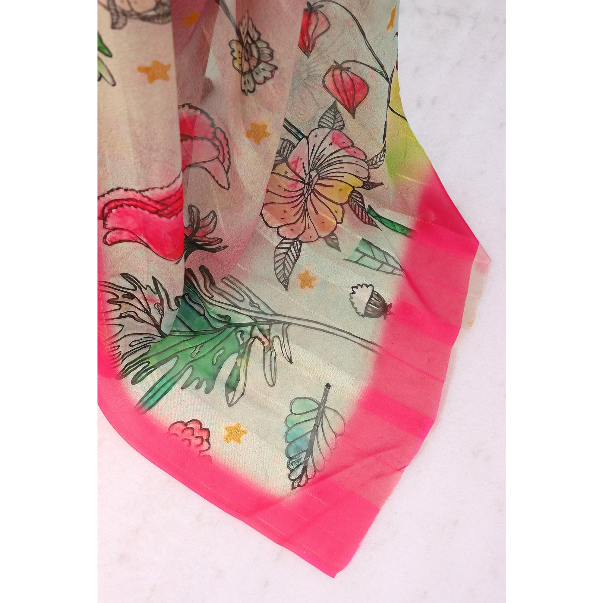 Charming Offwhite & Pink Floral Digital Printed Georgette Saree Accentuated With Zari Stripes