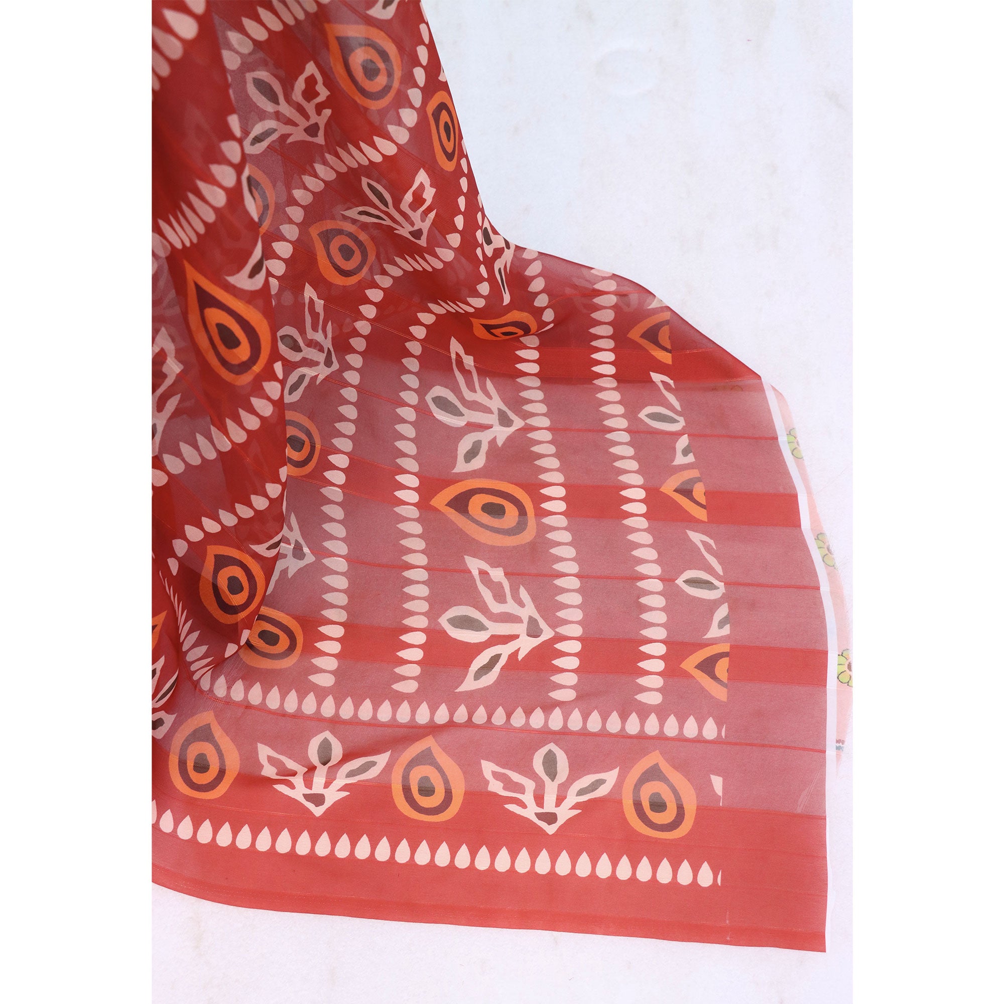 Charming Mehendi Green & Rust Striped Digital Printed Georgette Saree Accentuated With Zari Stripes