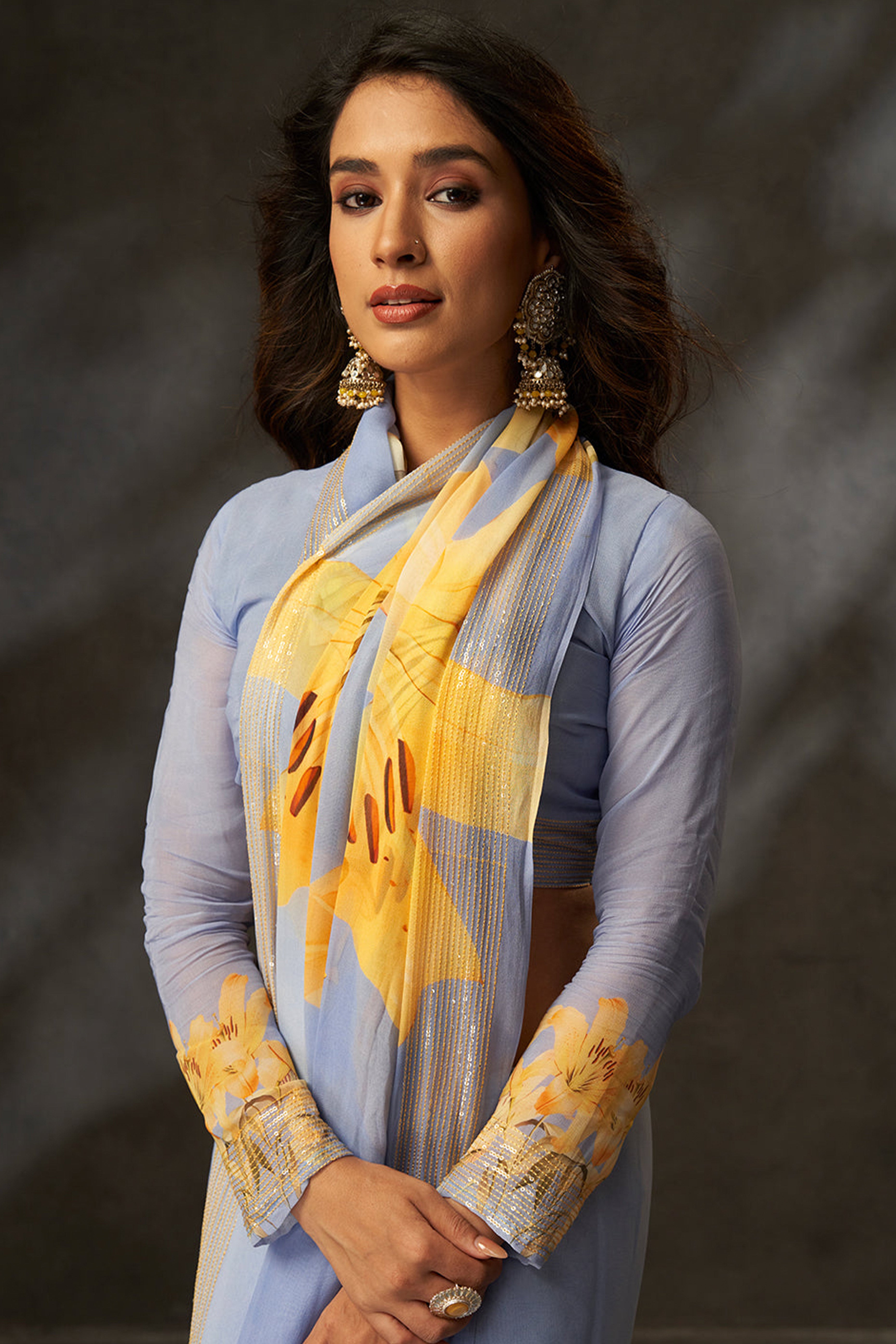 Graceful Blue Floral Digital Print Saree in Georgette With Artistic Crochet Border Work