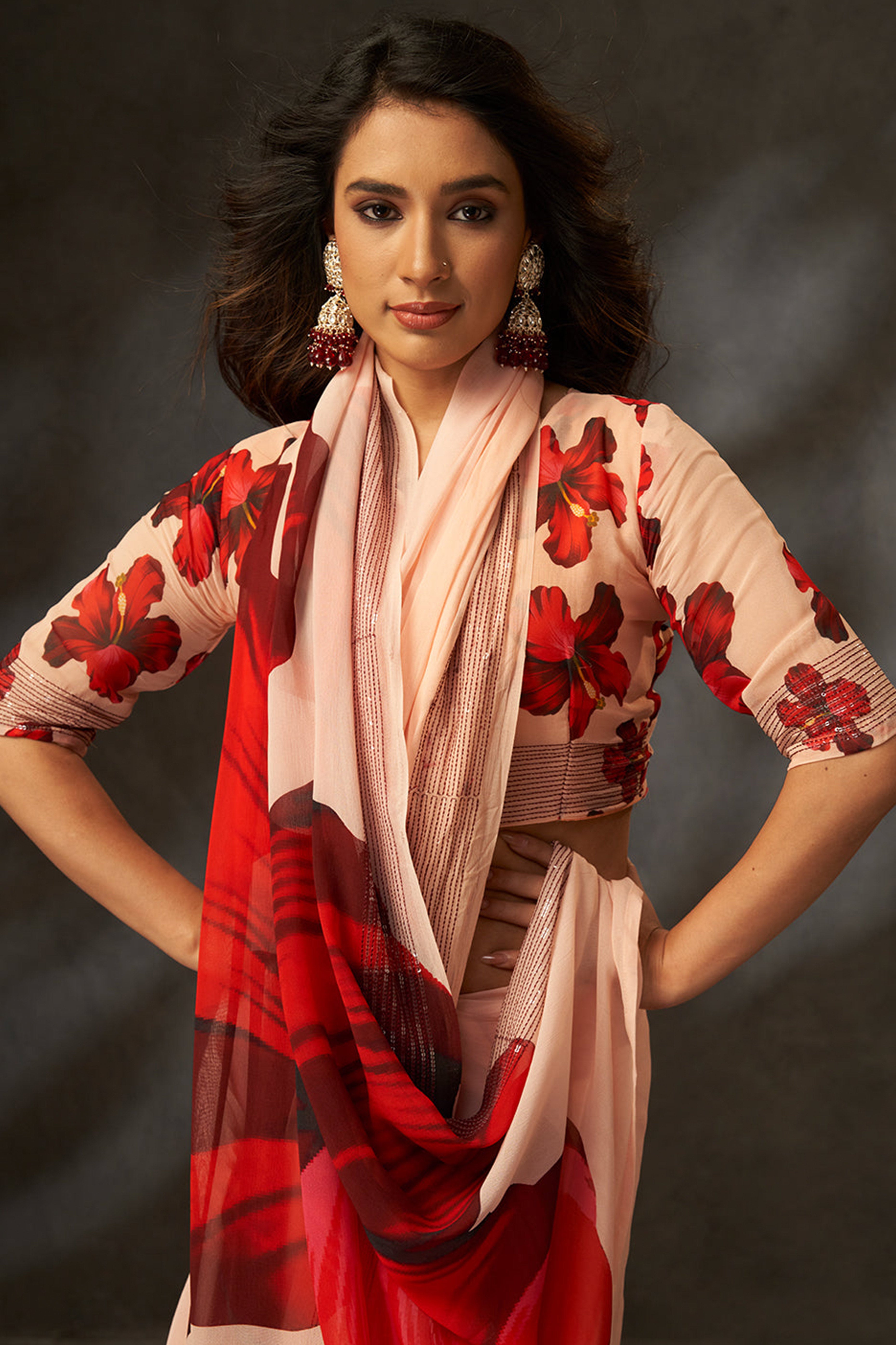Graceful Peach Floral Digital Print Saree in Georgette With Artistic Crochet Border Work