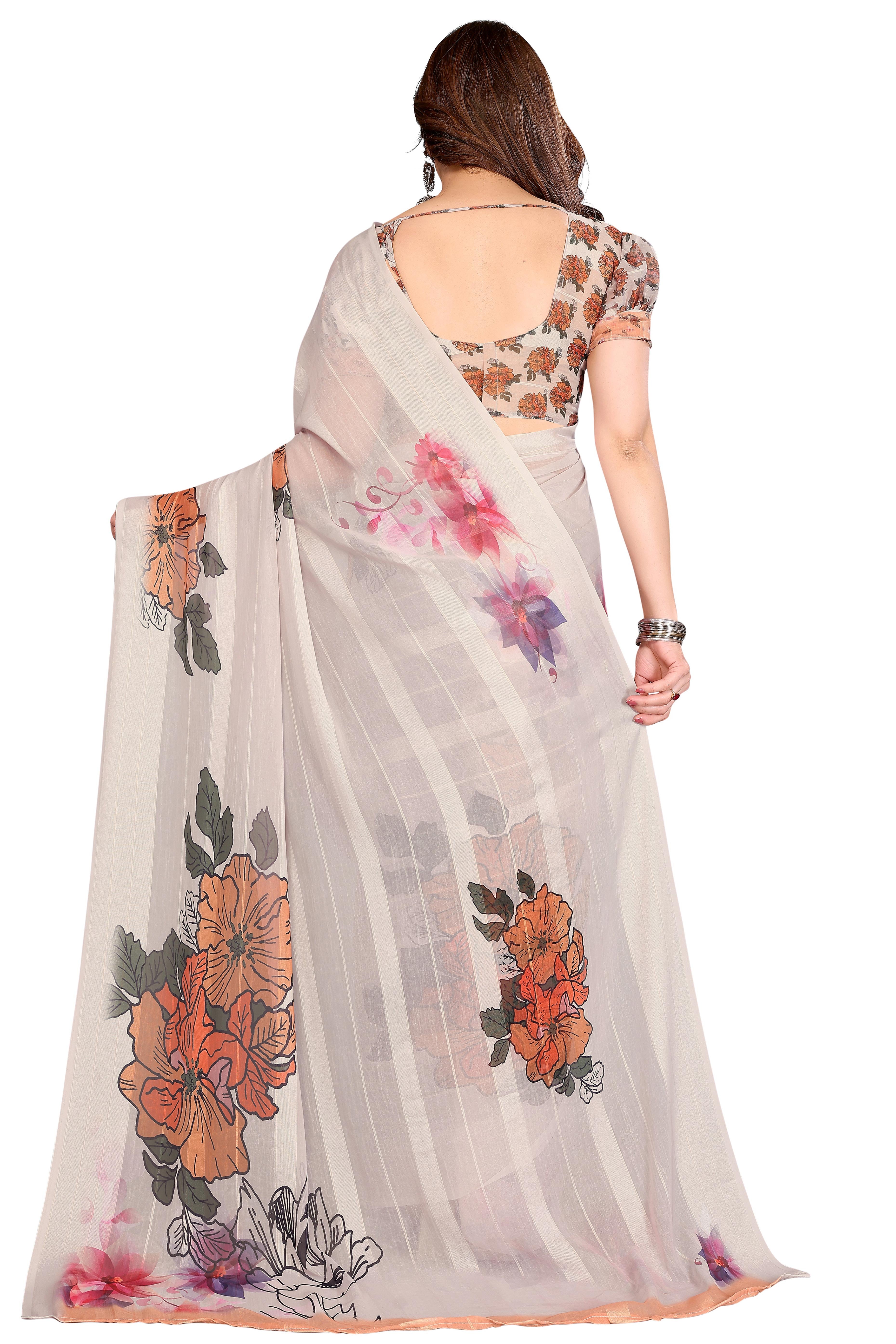 Graceful Beige Floral Digital Print Georgette Saree Featuring Zari Work & Vibrant Striped