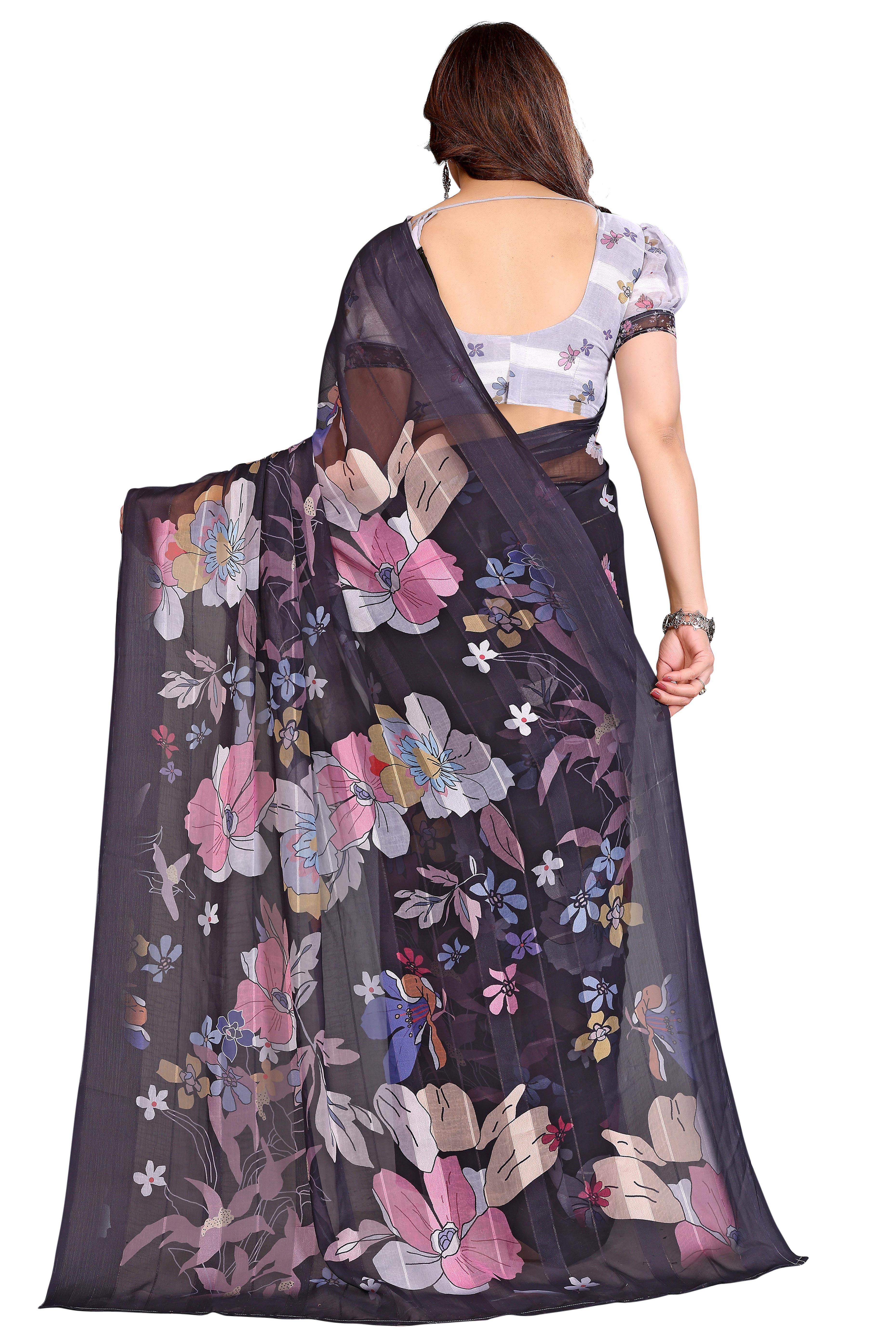 Graceful Black Floral Digital Print Georgette Saree Featuring Zari Work & Vibrant Striped