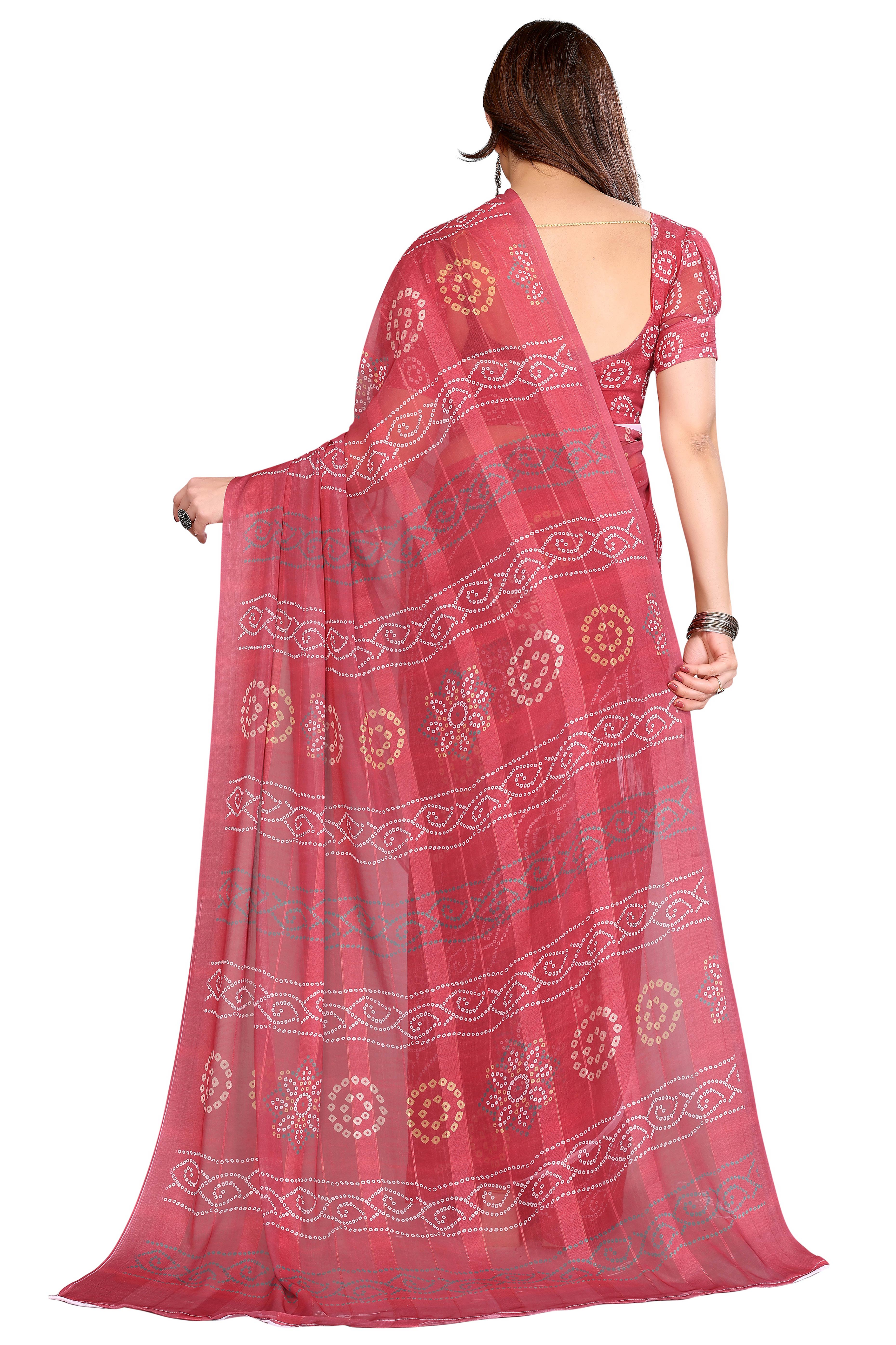 Graceful Maroon Bandhani Digital Print Georgette Saree Featuring Zari Work & Vibrant Striped