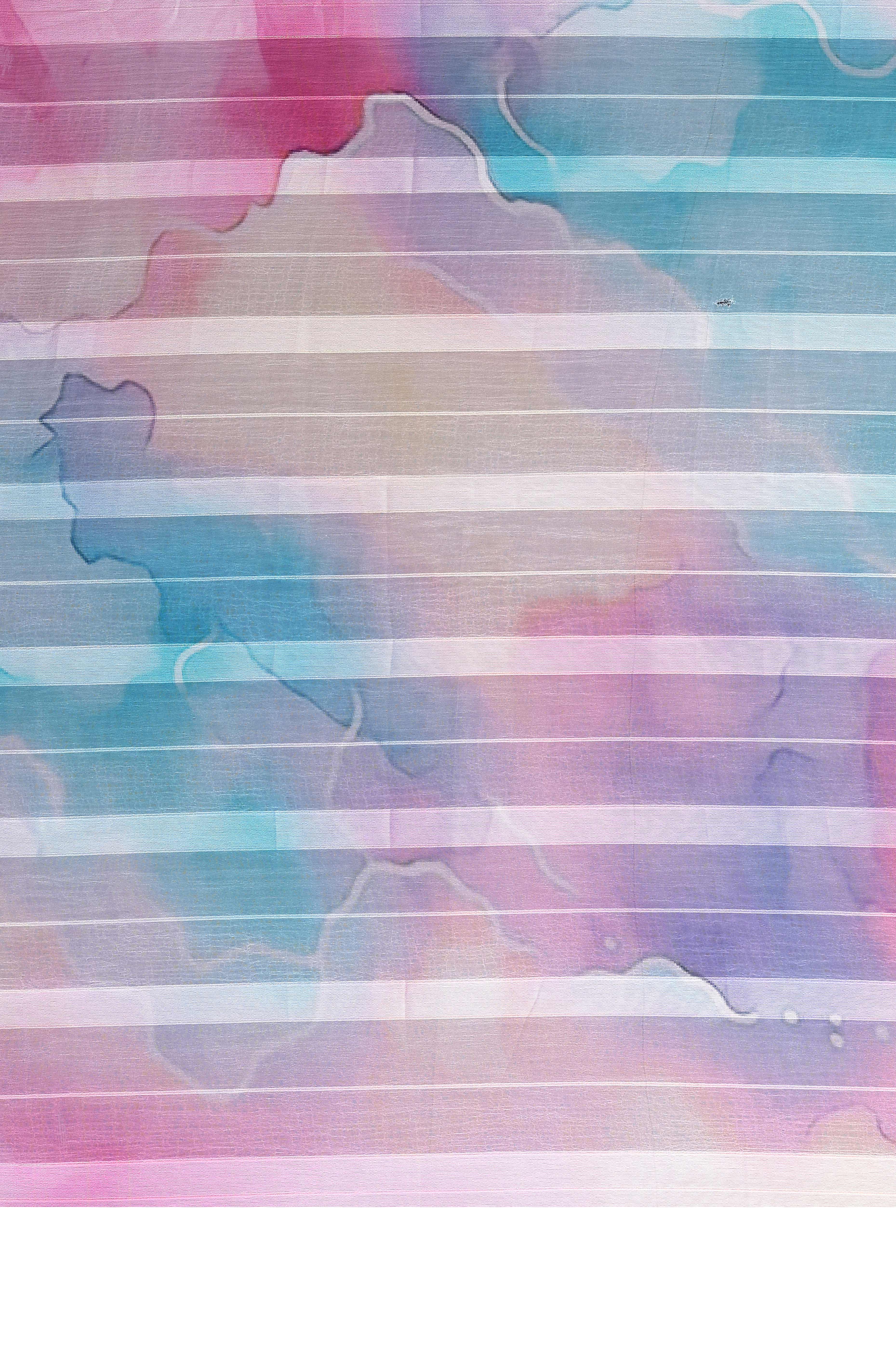 Graceful Multicolor Abstract Digital Print Georgette Saree Featuring Zari Work & Vibrant Striped