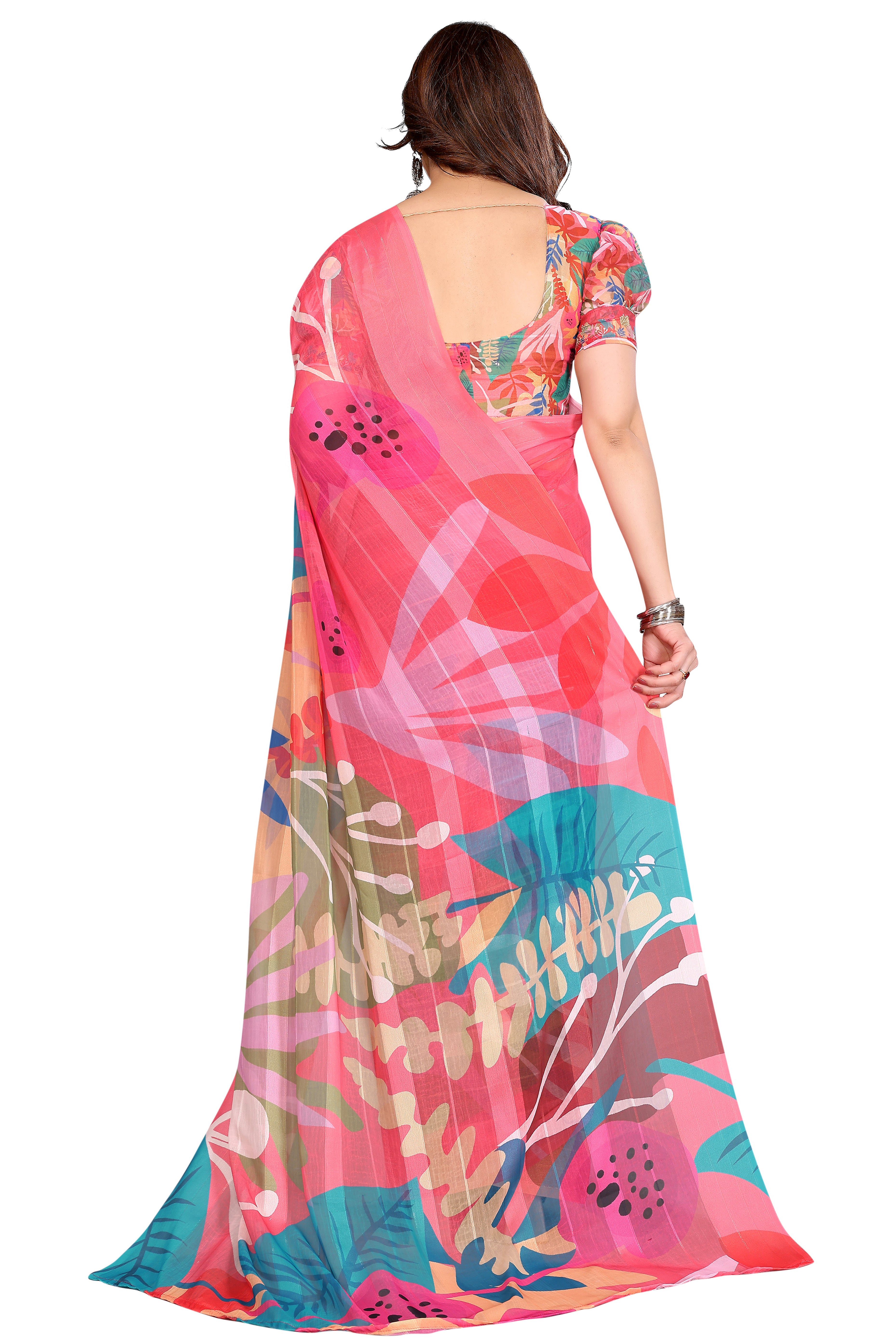 Graceful Gajari Pink Floral Digital Print Georgette Saree Featuring Zari Work & Vibrant Striped