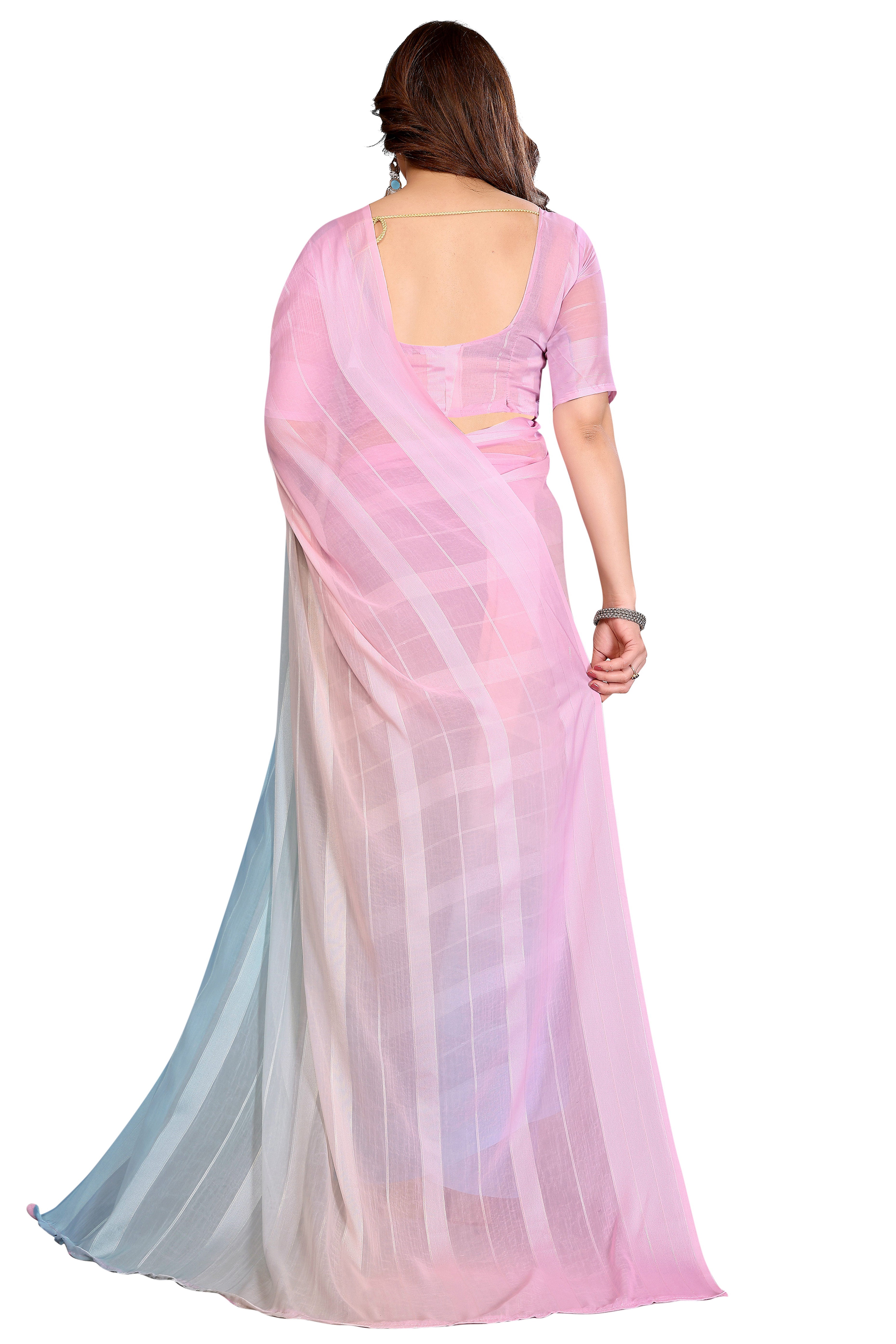 Sophisticated Multicolor Digital Print Georgettte Saree With Zari Touch & Striped Design