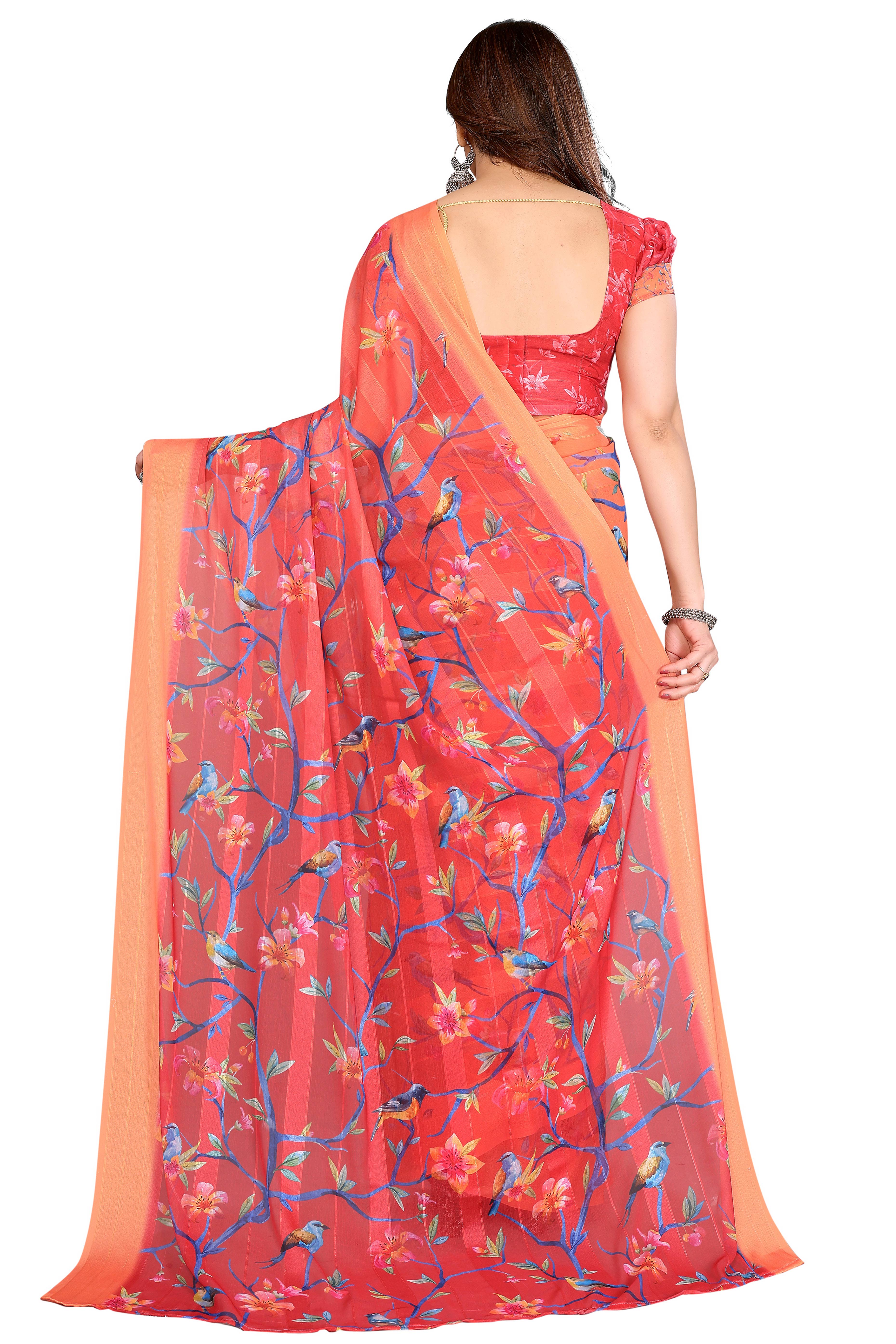 Sophisticated Red Floral Digital Print Georgettte Saree With Zari Touch & Striped Design