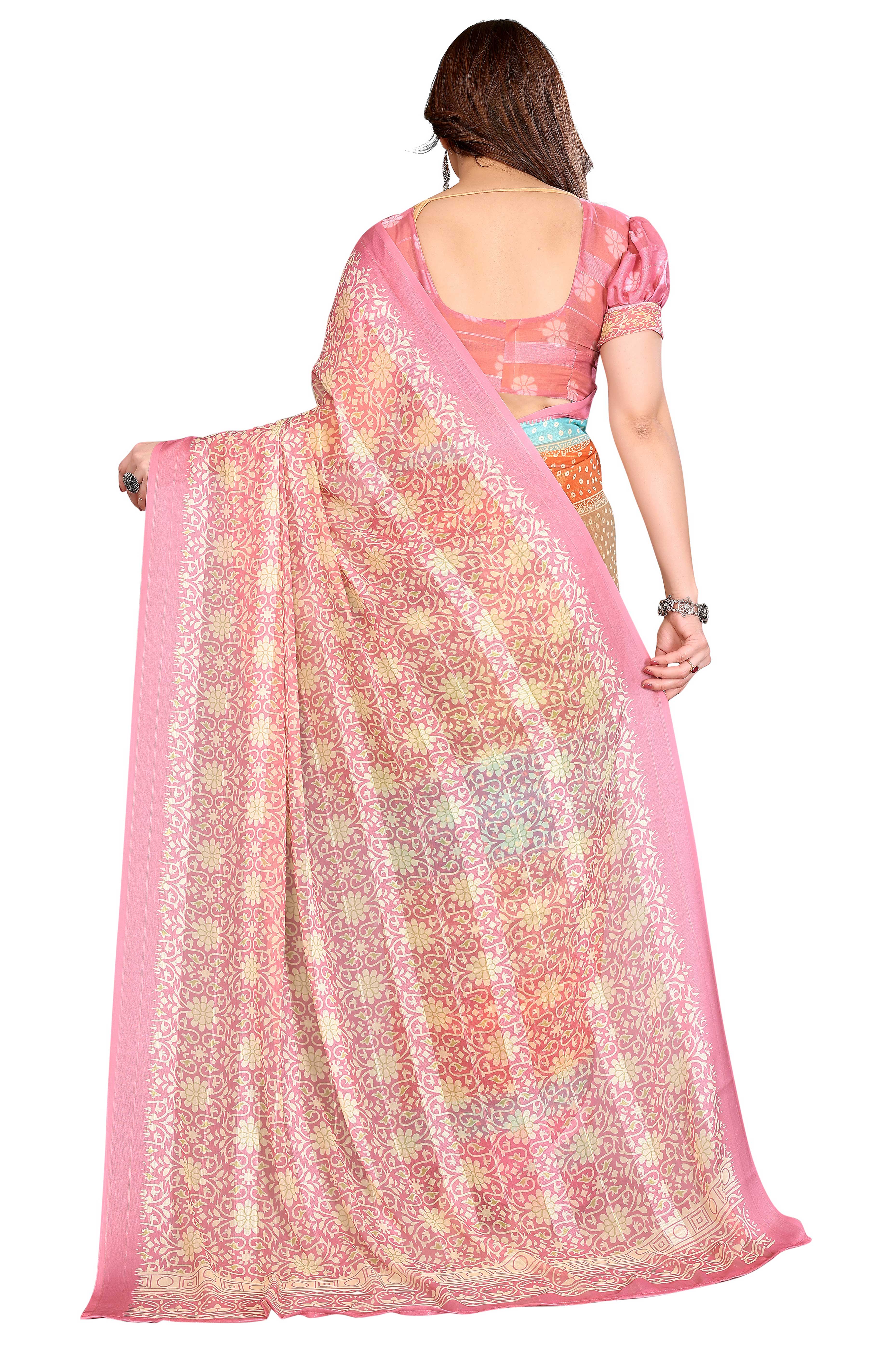 Sophisticated Multiclor Floral Digital Print Georgettte Saree With Zari Touch & Striped Design