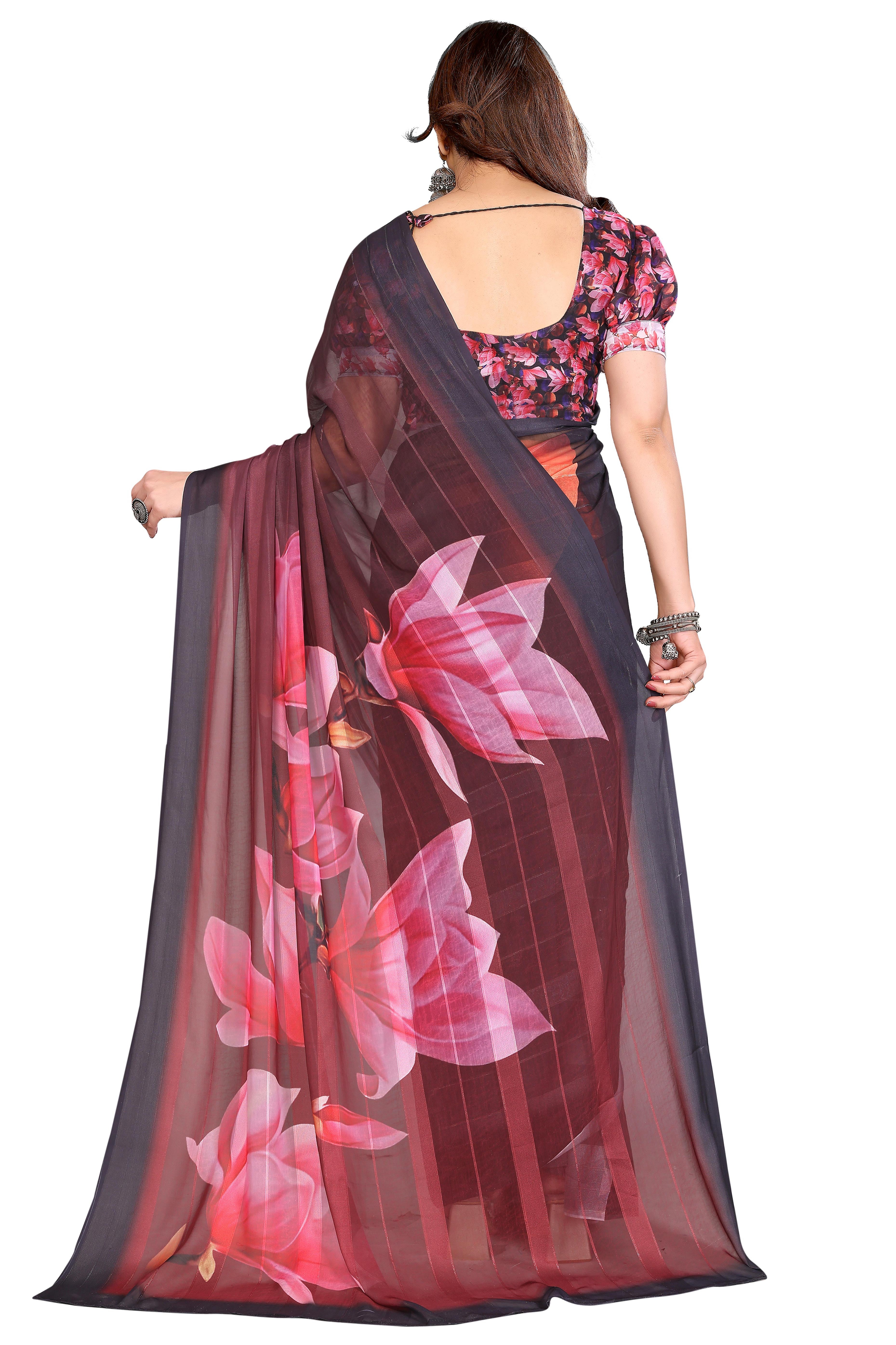 Classic Blak & Maroon Floral Digital Print Georgette Saree With Refined Zari & Stylish Striped
