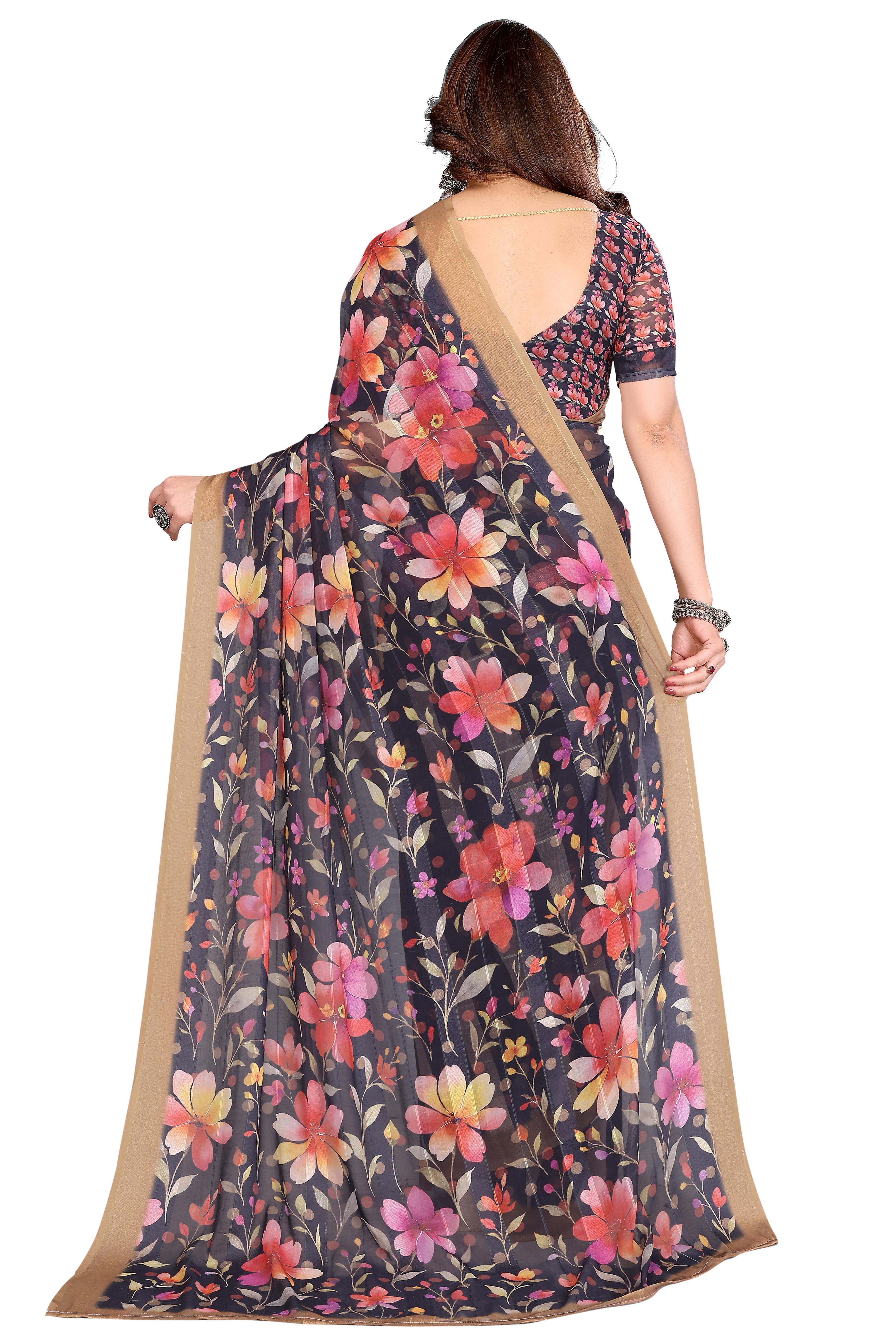 Classic Black Floral Digital Print Georgette Saree With Refined Zari & Stylish Striped