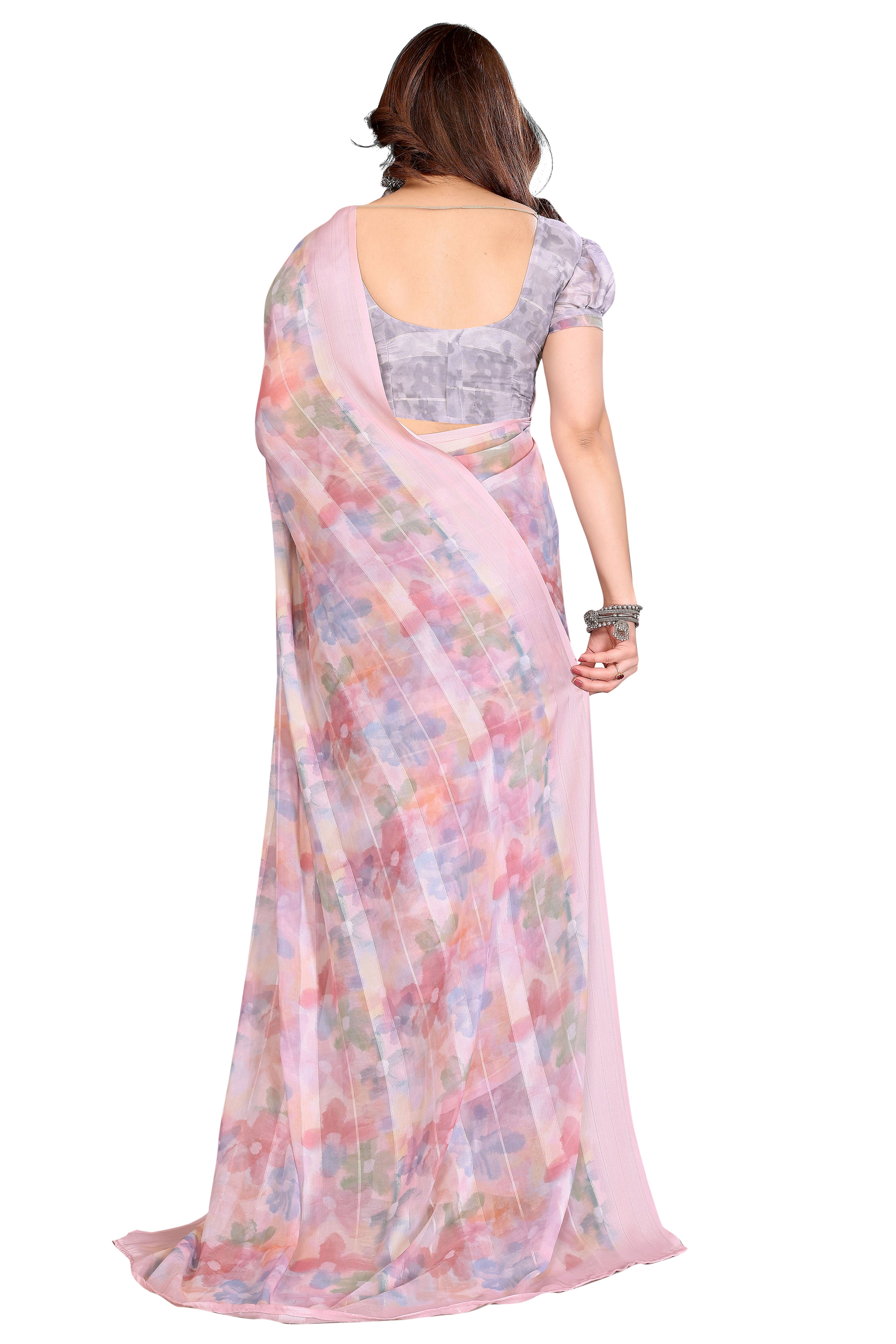 Classic Light Pink Floral Digital Print Georgette Saree With Refined Zari & Stylish Striped