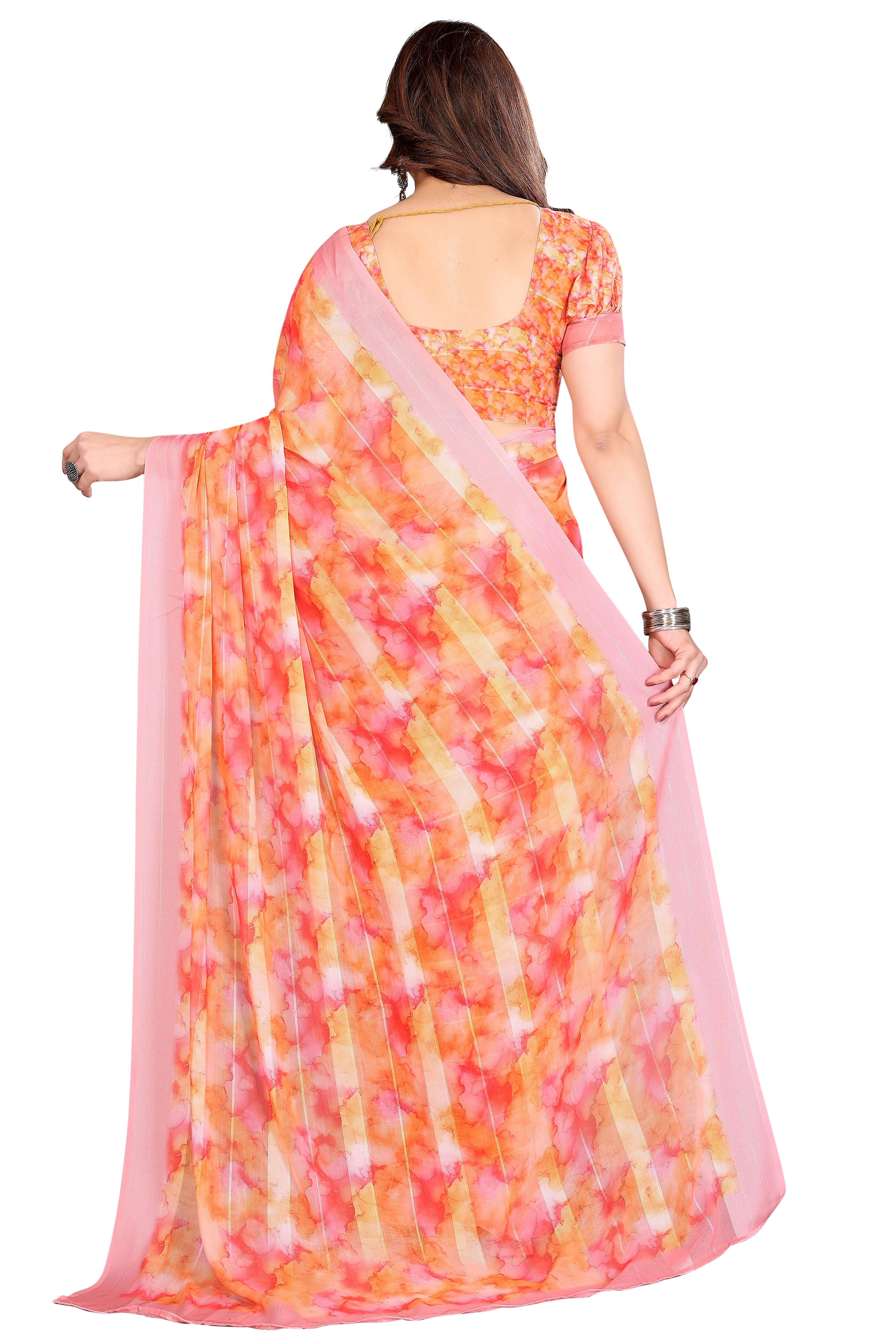 Classic Orange Digital Print Georgette Saree With Refined Zari & Stylish Striped