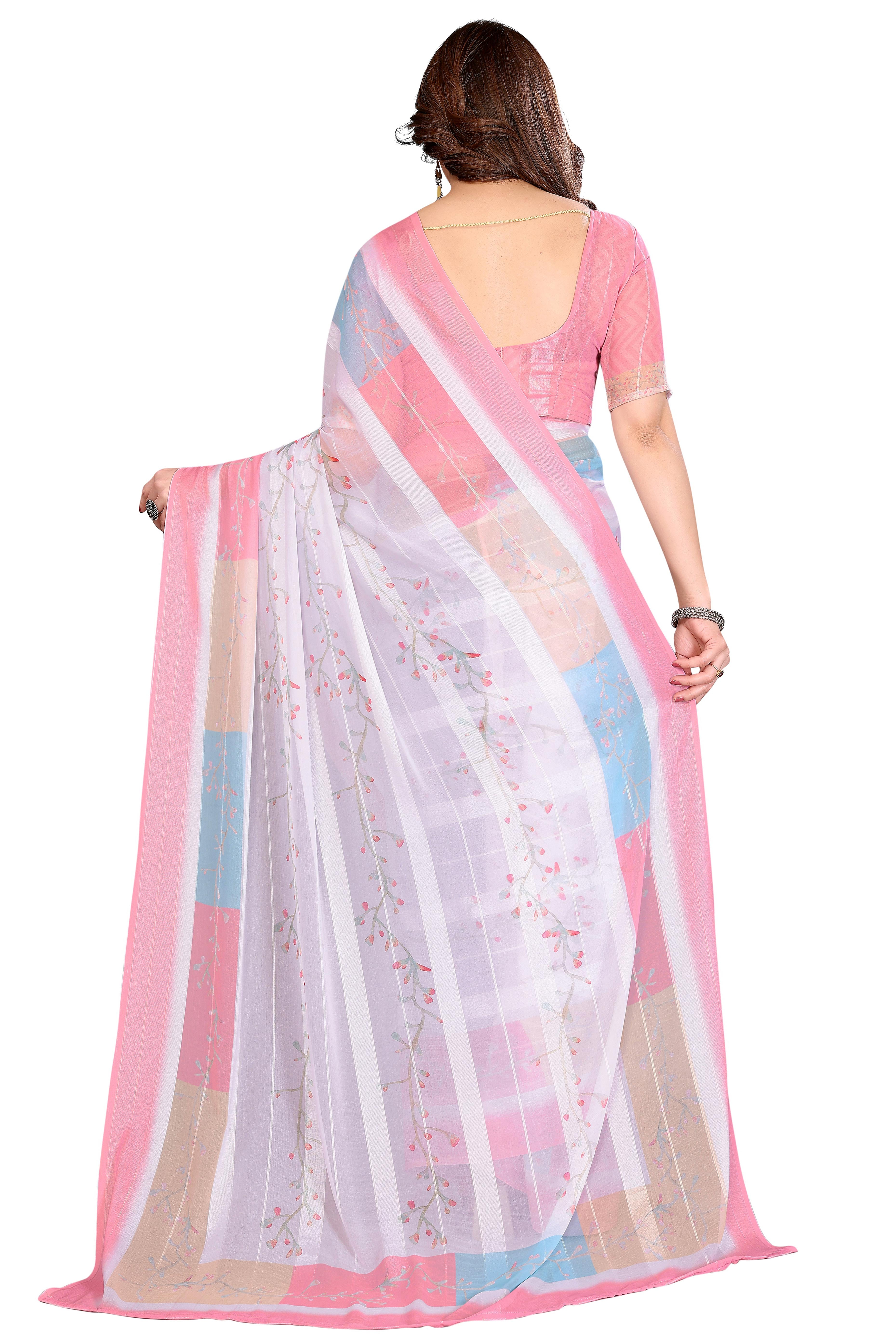 Classic White Floral Digital Print Georgette Saree With Refined Zari & Stylish Striped