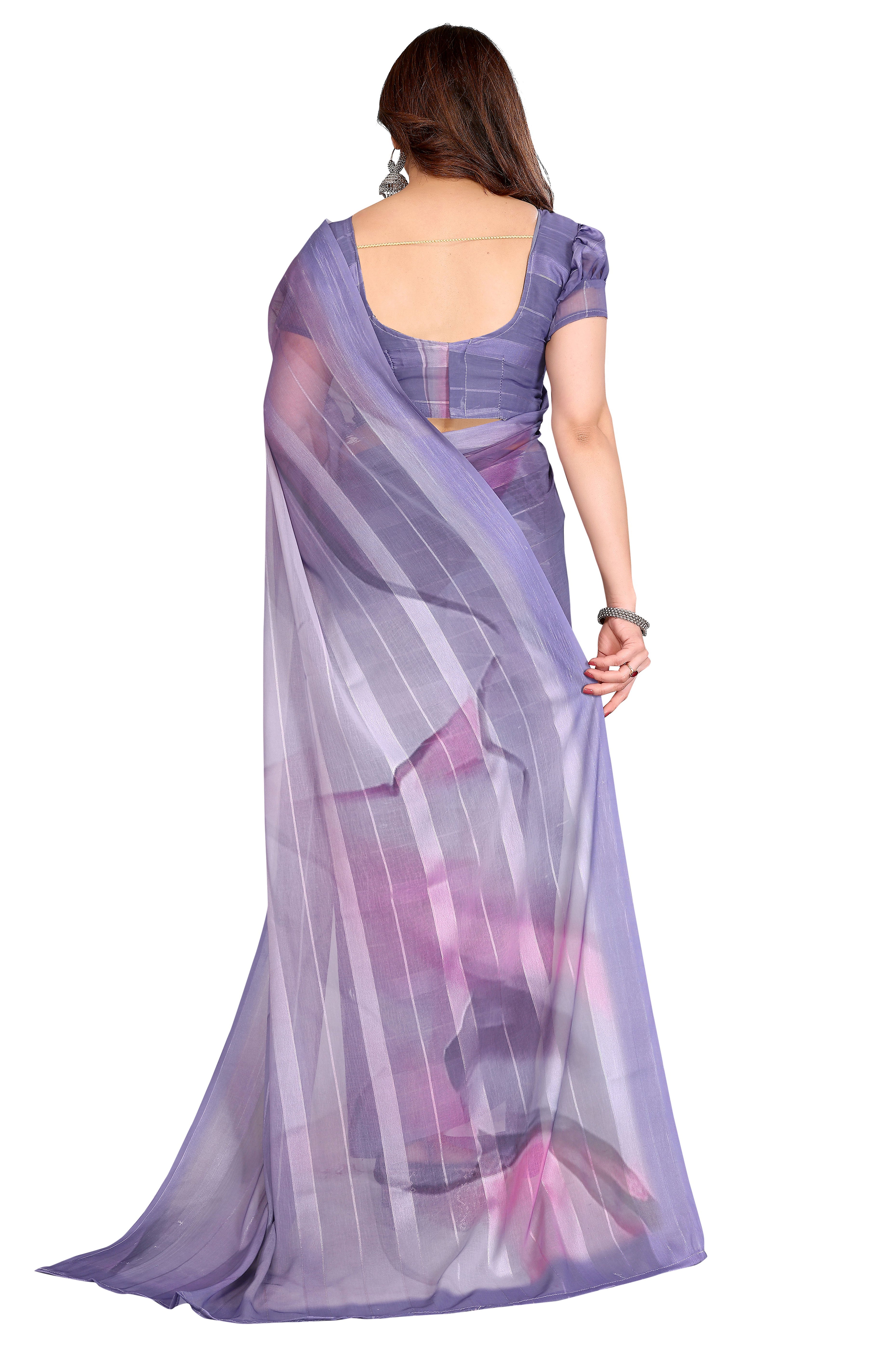 Classic Purple Digital Print Georgette Saree With Refined Zari & Stylish Striped