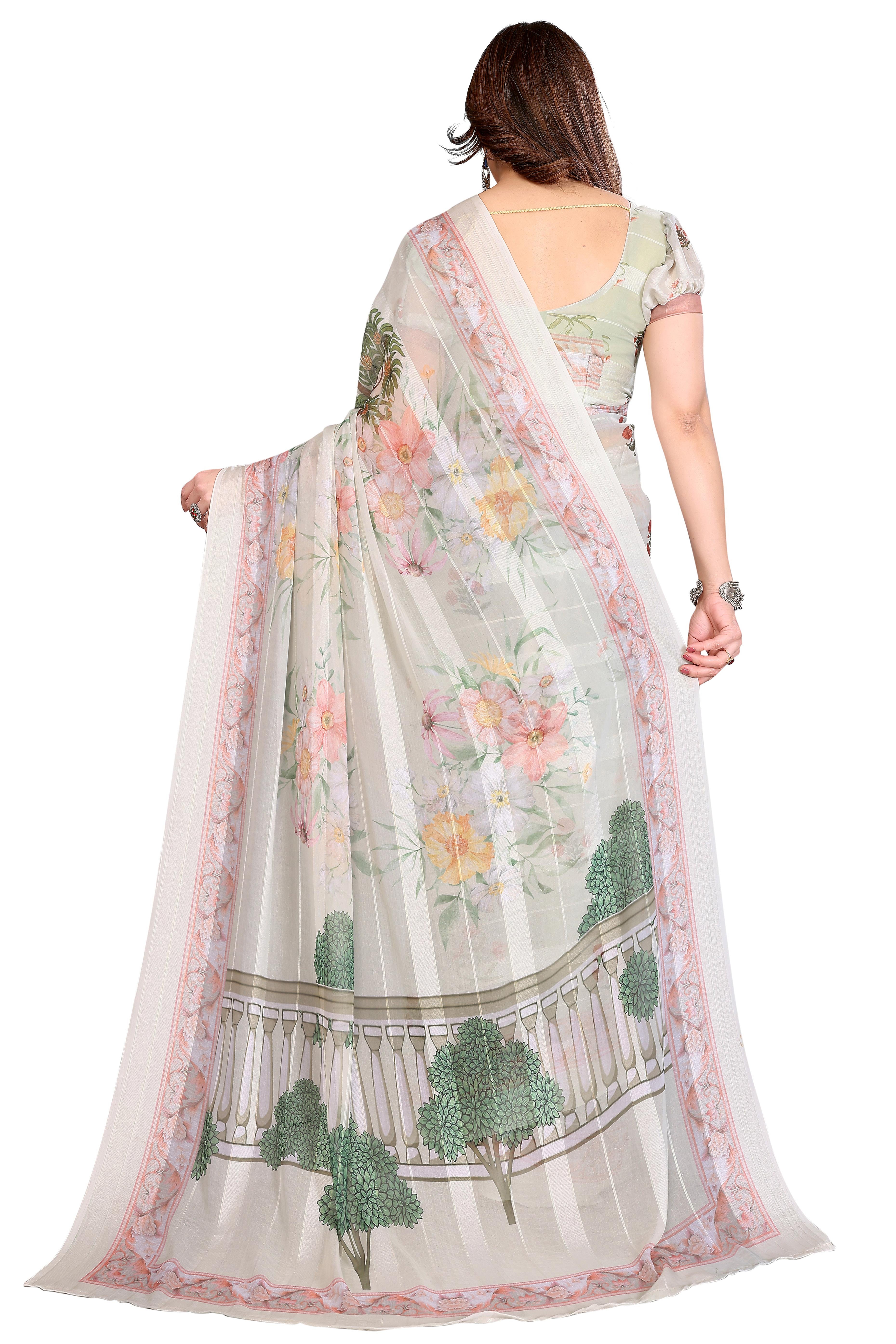 Premium Offwhite Floral Digital Printed Georgette Saree Featuring Delicate Zari & Bright Striped
