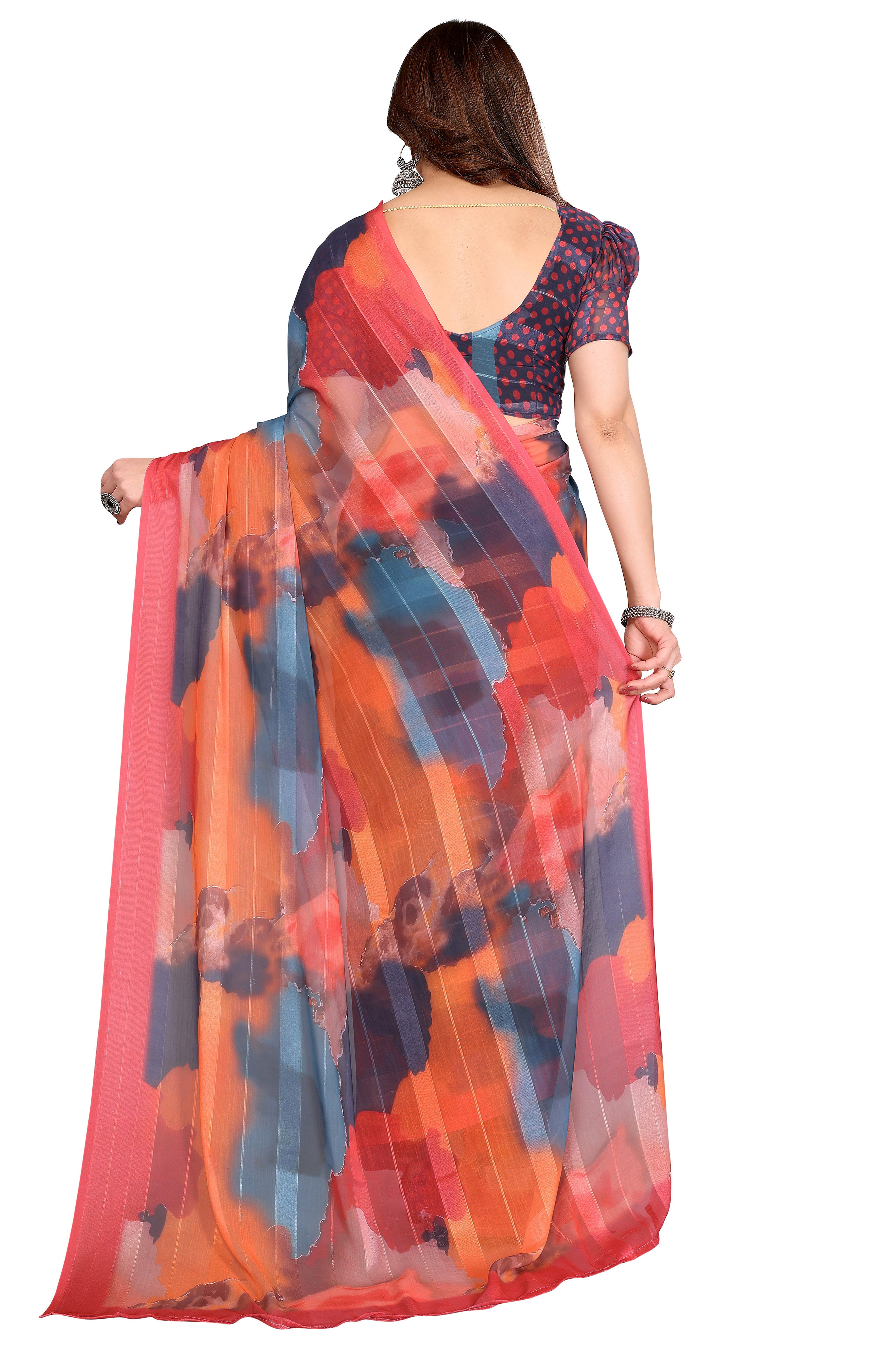 Premium Muticolor Digital Printed Georgette Saree Featuring Delicate Zari & Bright Striped