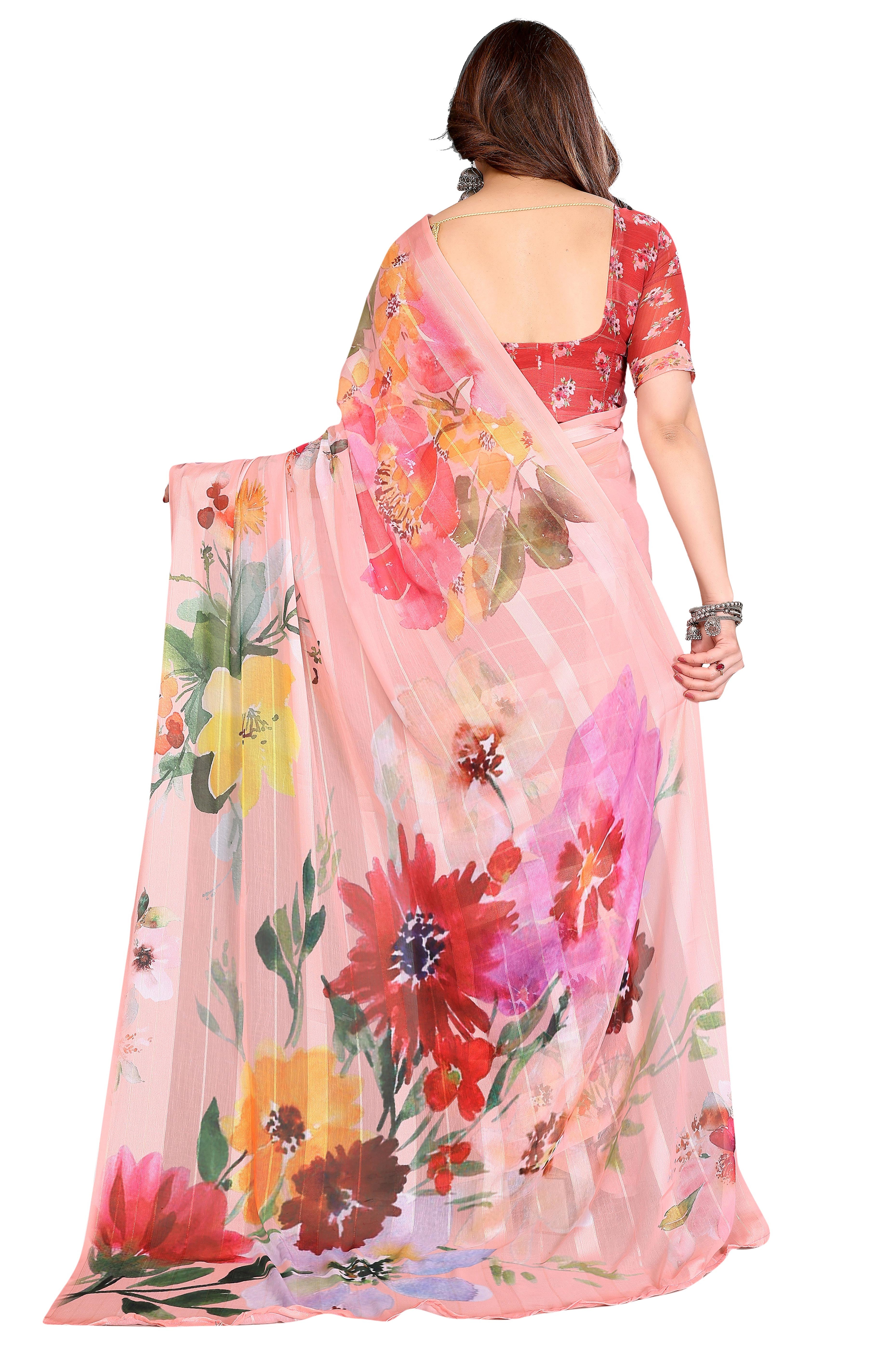 Premium Peach Floral Digital Printed Georgette Saree Featuring Delicate Zari & Bright Striped