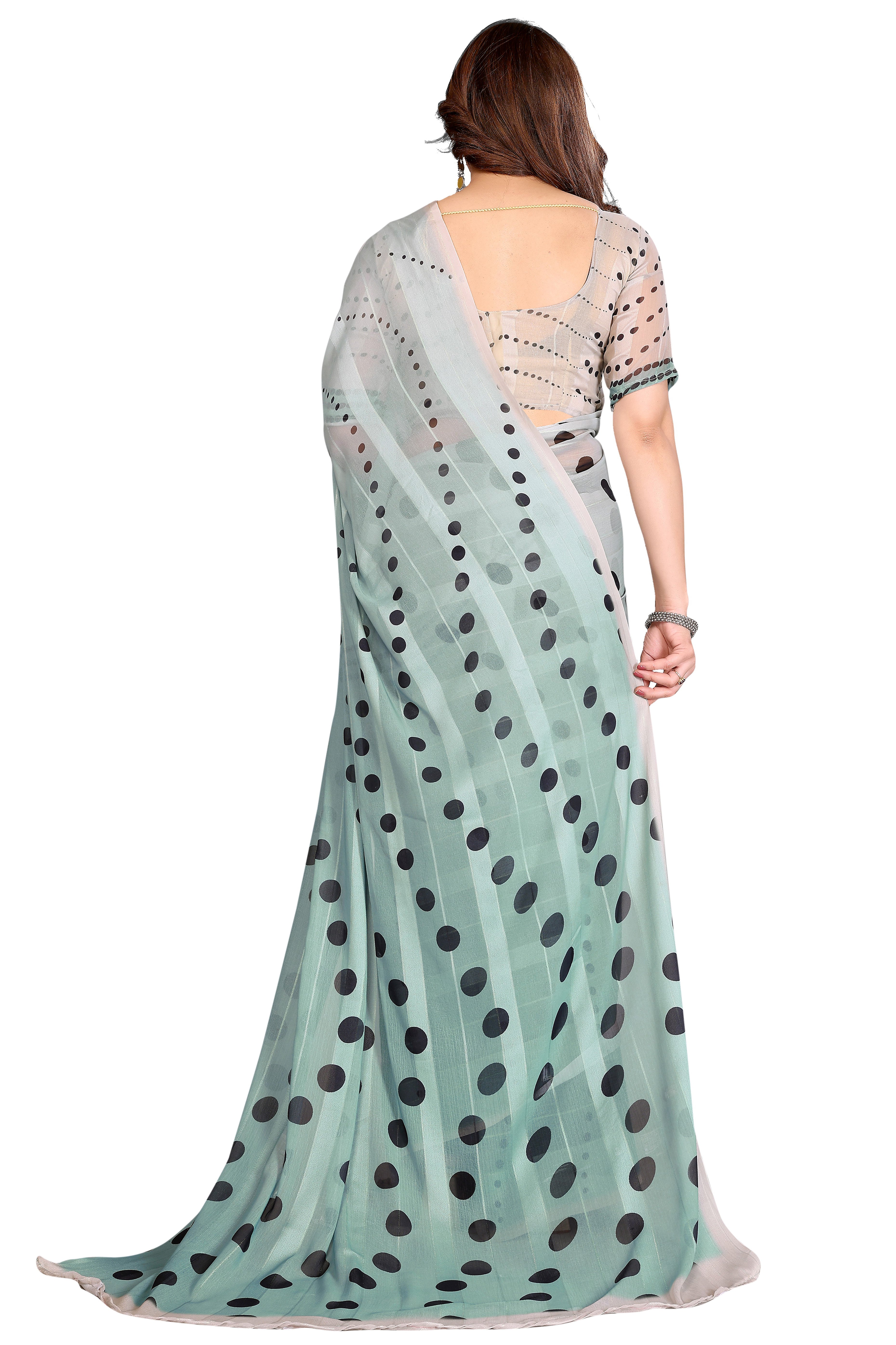 Premium Mint Green Polka Digital Printed Georgette Saree Featuring Delicate Zari & Bright Striped